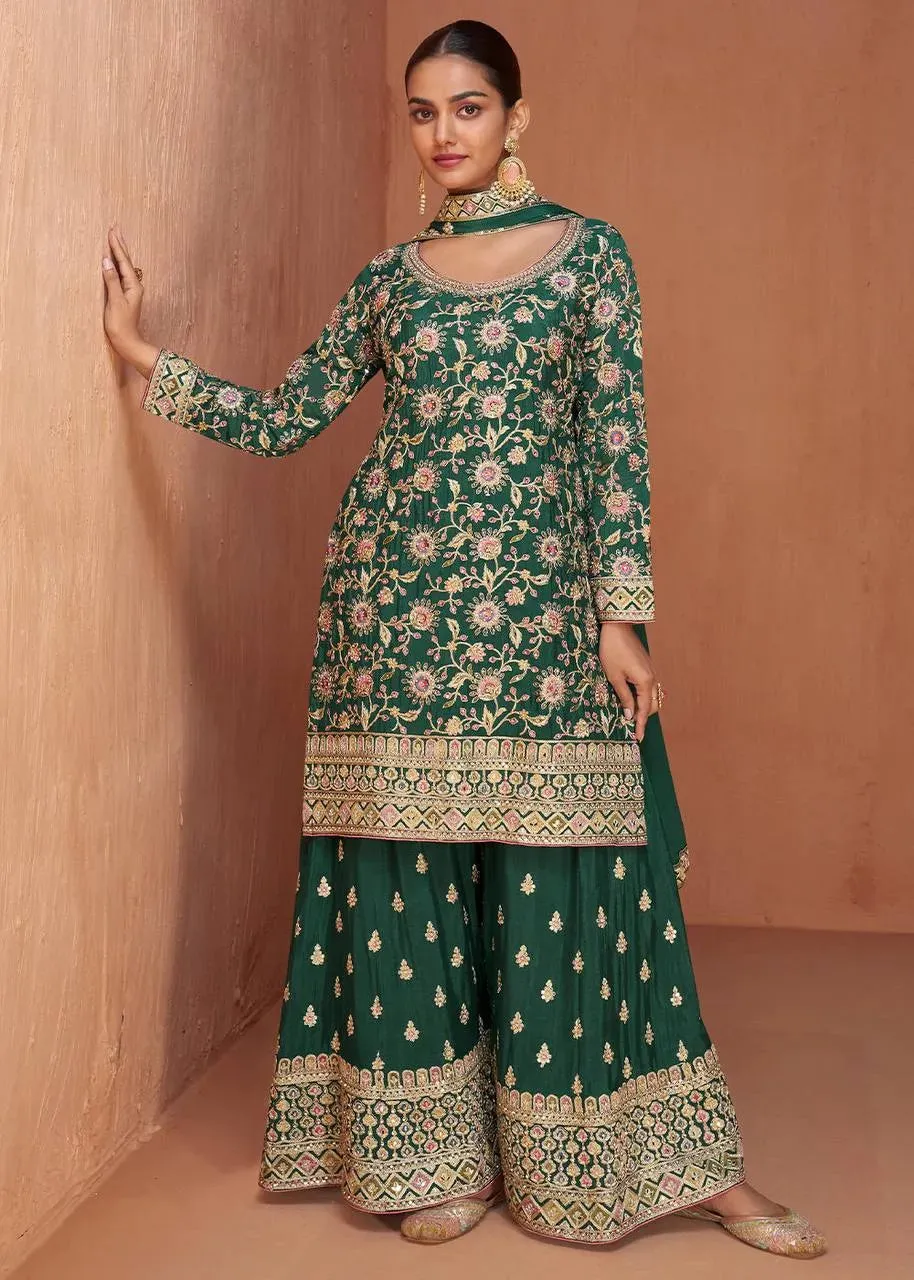 Formidable Forest Green Embroidered Chinon Palazzo Suit