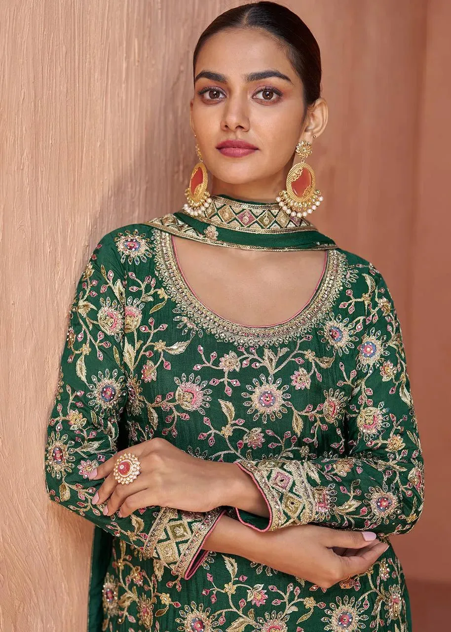 Formidable Forest Green Embroidered Chinon Palazzo Suit