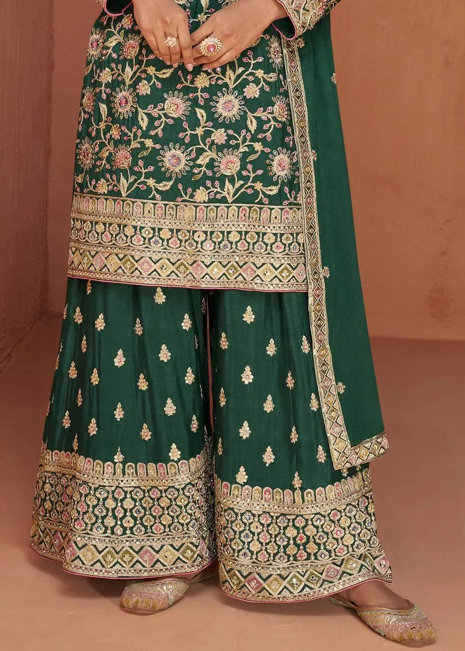 Formidable Forest Green Embroidered Chinon Palazzo Suit