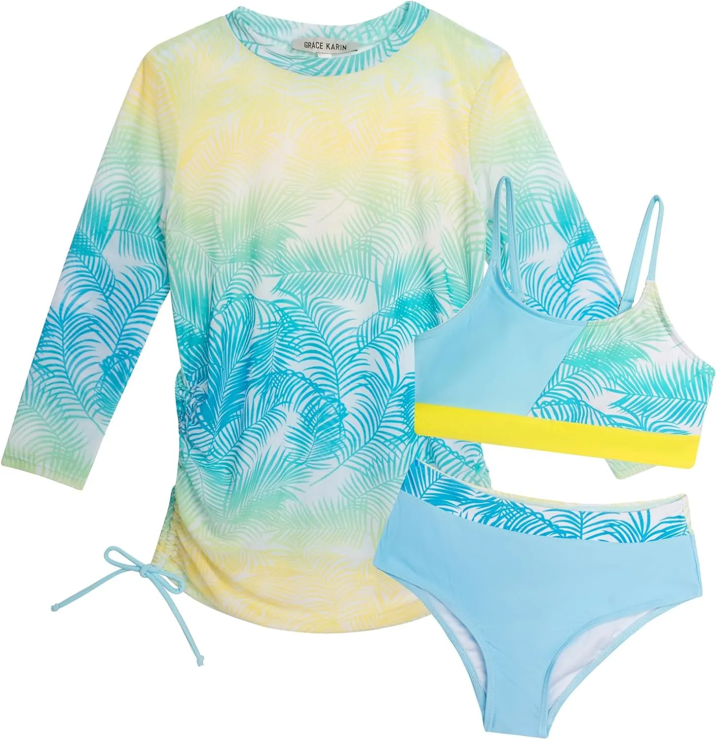GRACE KARIN Girls Swimsuit 3 Piece Bathing Suit Bikini Set with Drawstring Cover Up Beach Swimwear Size 5-12