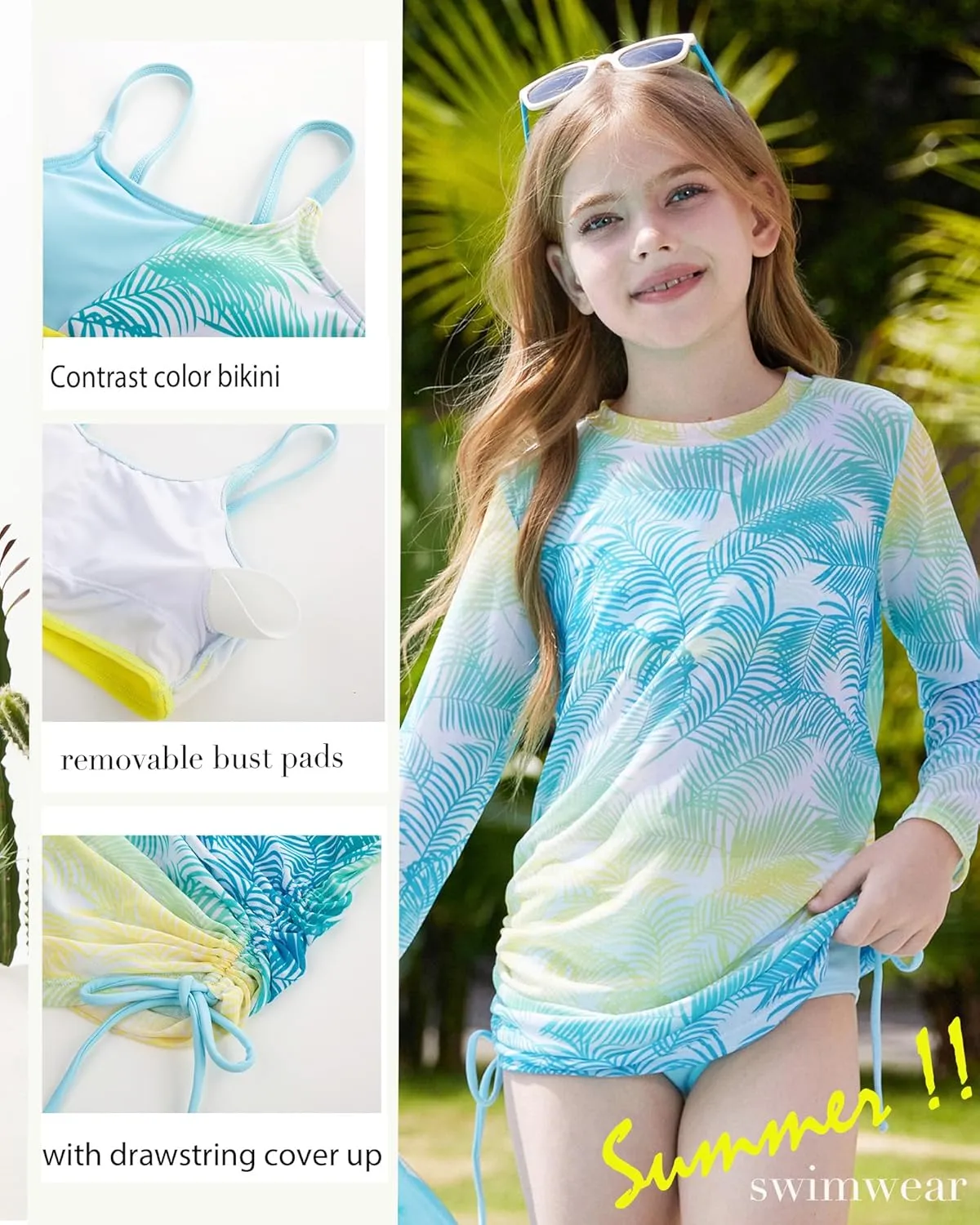 GRACE KARIN Girls Swimsuit 3 Piece Bathing Suit Bikini Set with Drawstring Cover Up Beach Swimwear Size 5-12
