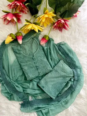 Green Lucknow Chikankari Hand Work Dobby Cotton Tone-to-Tone 3-Piece Co-ord Palazzo Set with Chiffon Dupatta
