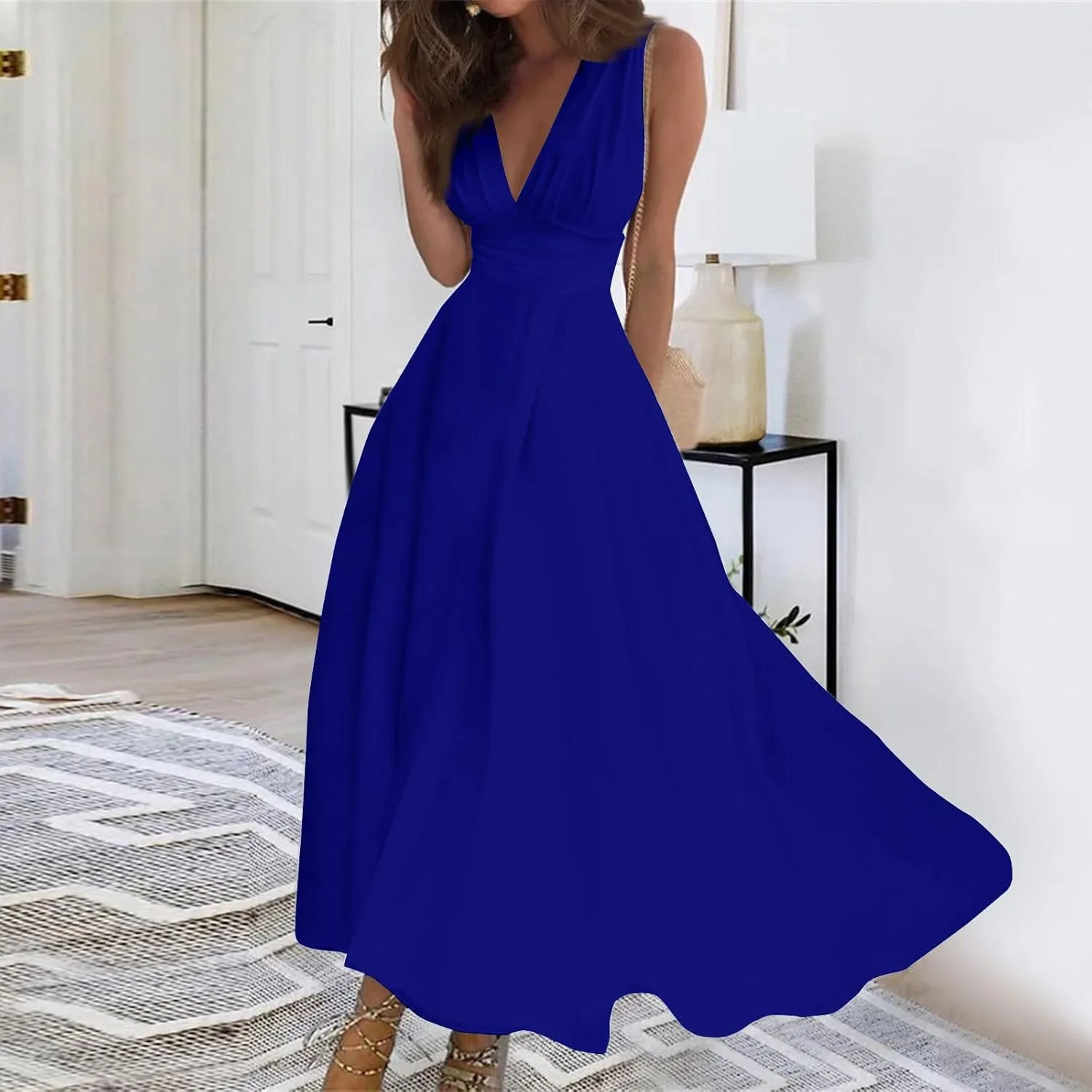 HXHYQKP Dresses for Women 2025 A Line Swing Dress Wrap V Neck Sleeveless Maxi Dress Trendy Floral Print Flowy Beach Dress