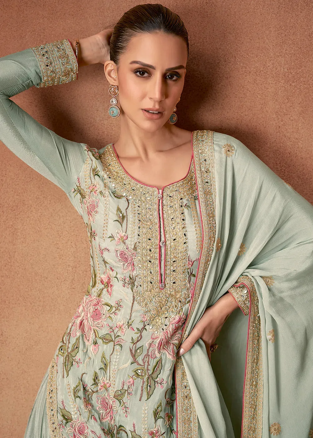 Impressive Olive Green Chinon Palazzo Suit