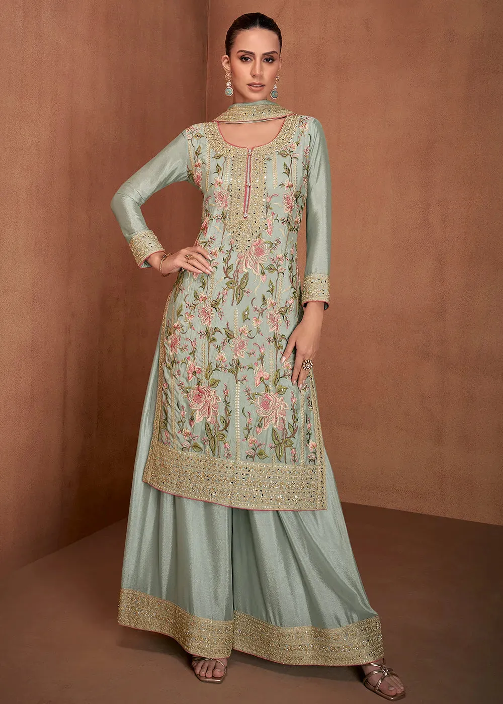 Impressive Olive Green Chinon Palazzo Suit