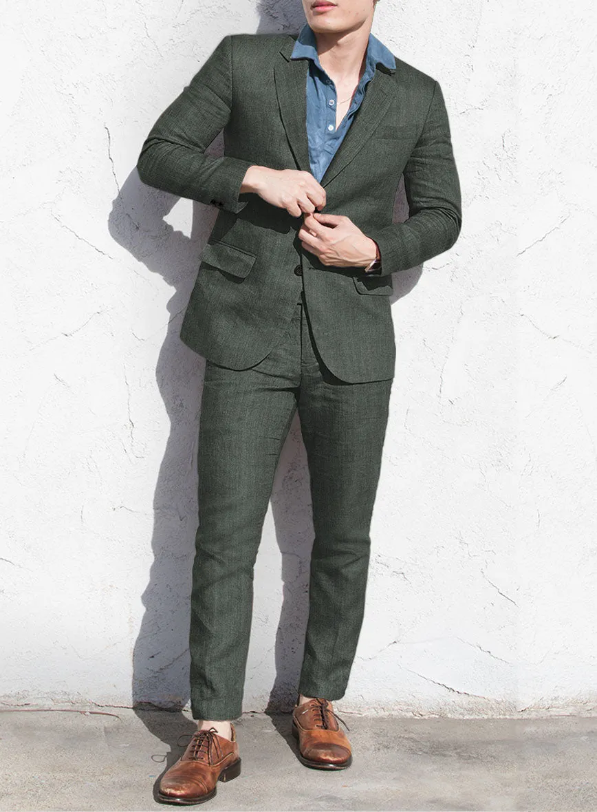 Italian Prato Olive Green Herringbone Linen Suit