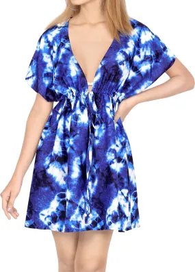 LA LEELA Women New Tie Dye Printed Short Dress Cover-up XL-XXL Royal Blue_AA506