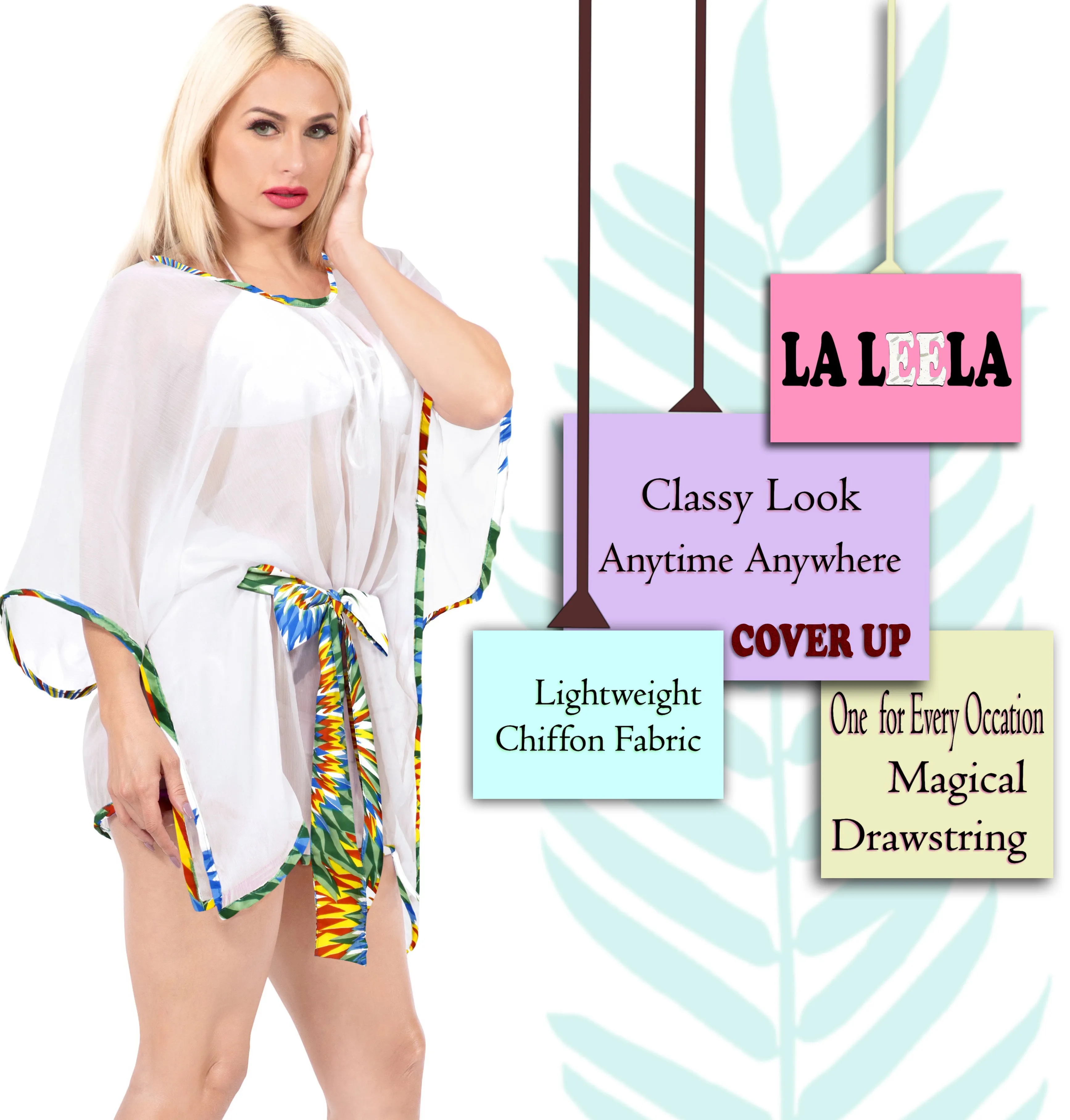 LA LEELA Women's Swimwear Cover-Ups Beach Kaftan Dress US 14-24W White_Y272