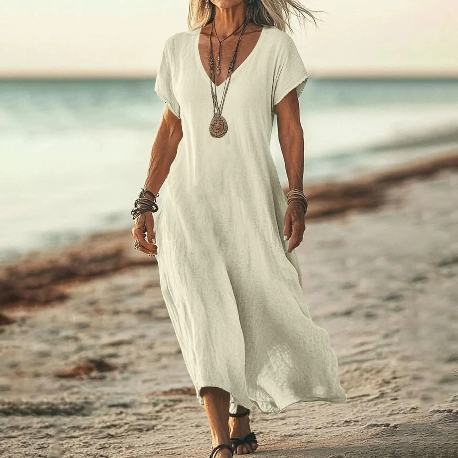 Linen Casual Dresses for Women Flowy V Neck Short Sleeve 2025 Maxi Dress Lightweight Summer Beach Vacation Clothes