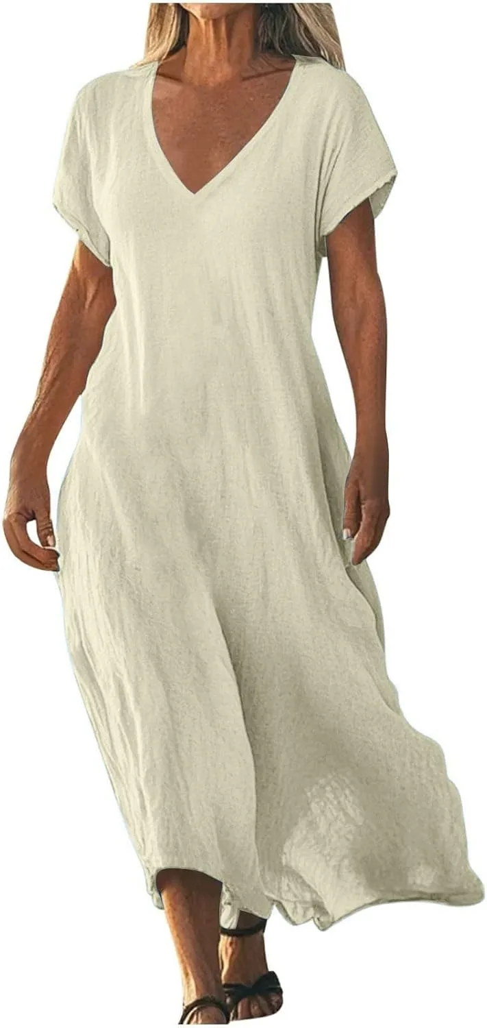 Linen Casual Dresses for Women Flowy V Neck Short Sleeve 2025 Maxi Dress Lightweight Summer Beach Vacation Clothes