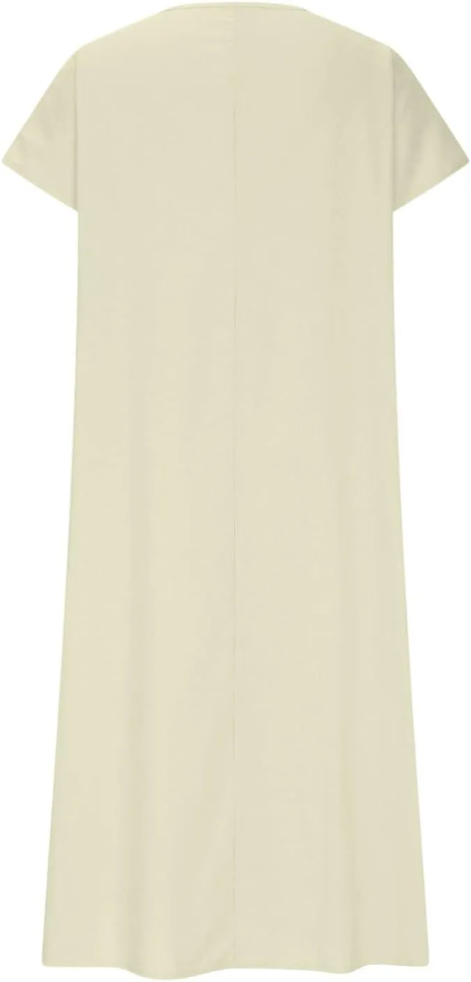 Linen Casual Dresses for Women Flowy V Neck Short Sleeve 2025 Maxi Dress Lightweight Summer Beach Vacation Clothes