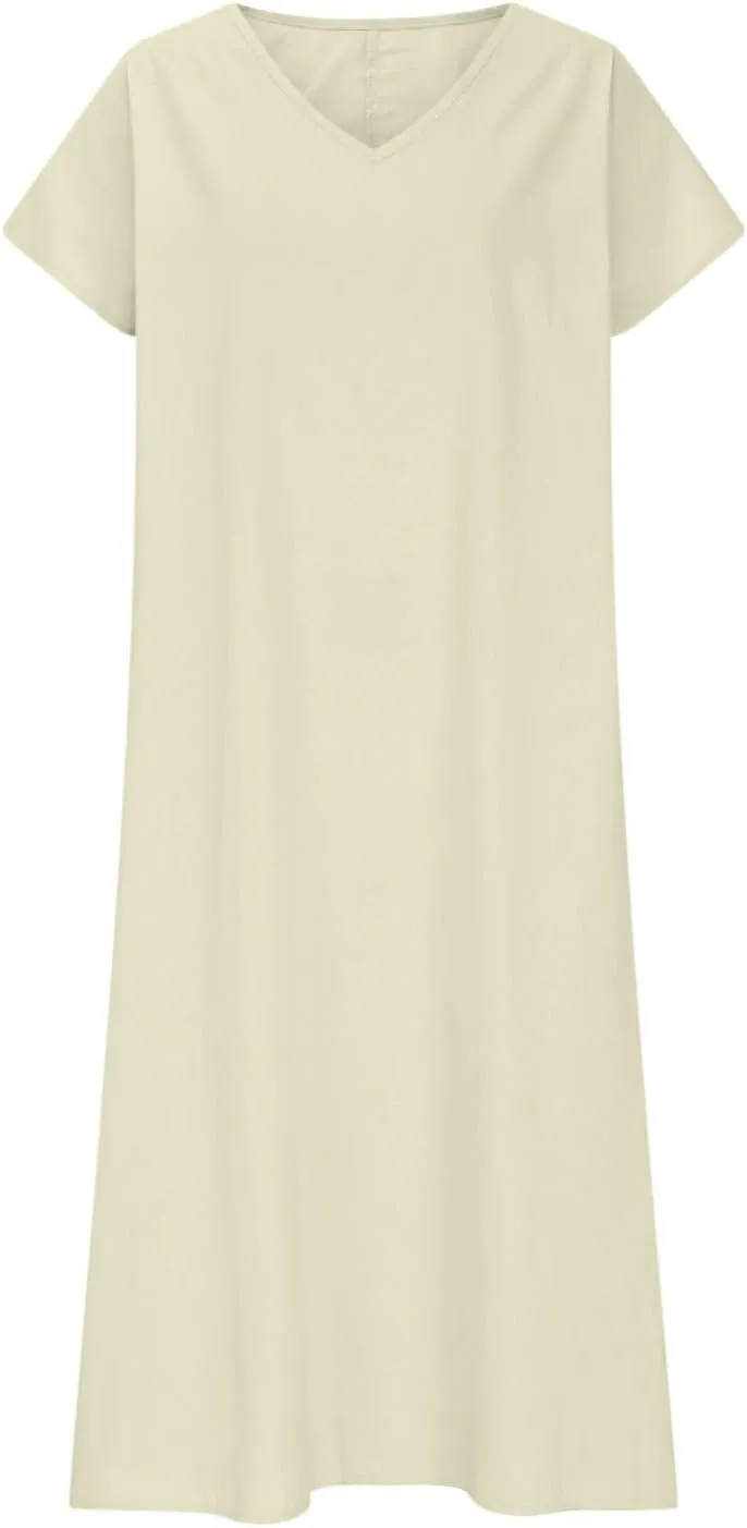 Linen Casual Dresses for Women Flowy V Neck Short Sleeve 2025 Maxi Dress Lightweight Summer Beach Vacation Clothes