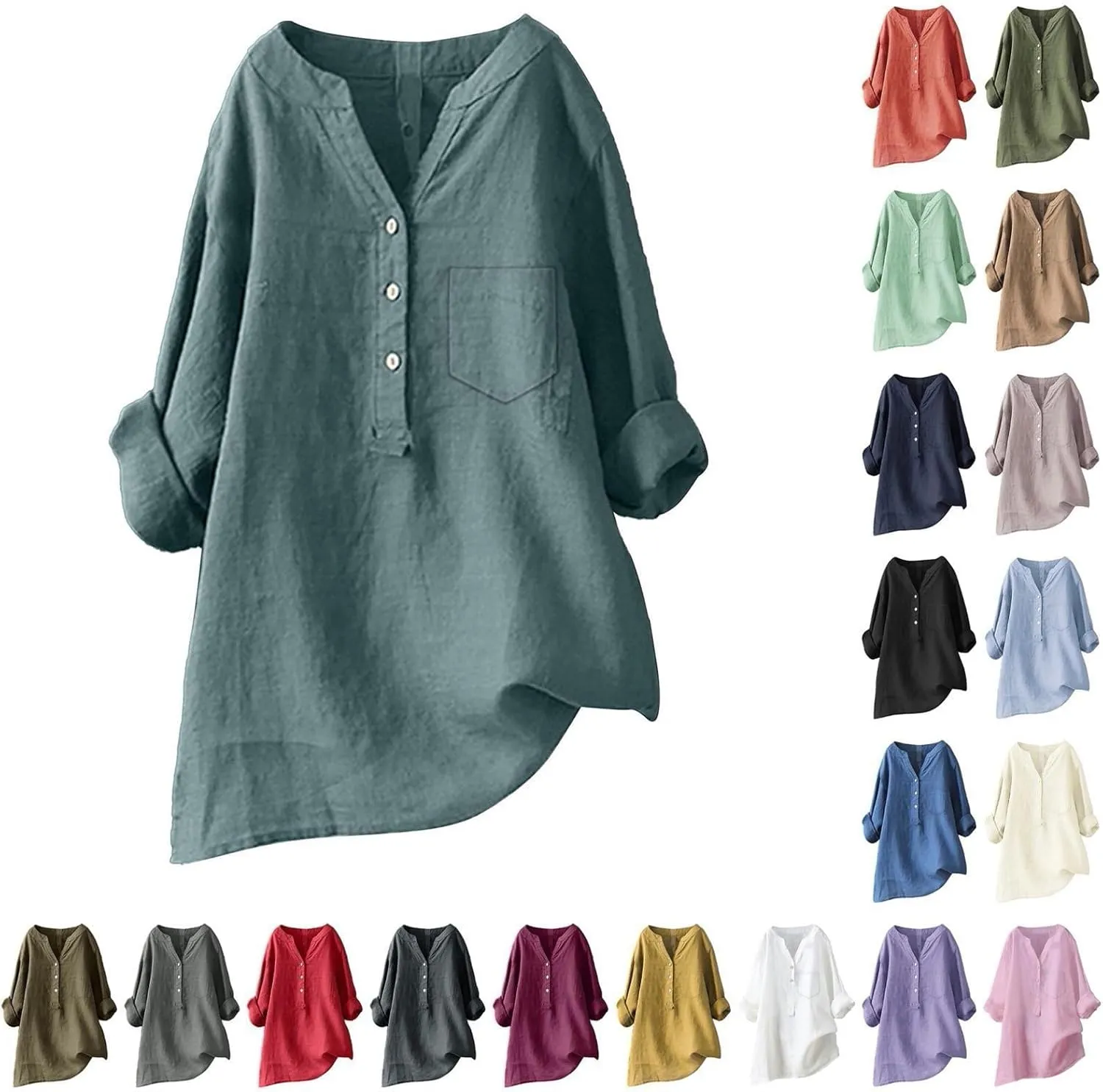 Linen Womens Clothing Lady Spring Outfits 100% Cotton Tank Tops, for Girls Female Blouses V Neck Casual Long Sleeve Tops