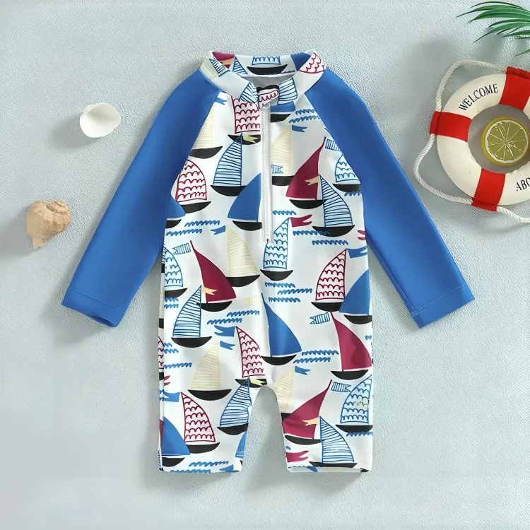 Long Sleeve Sailboat Zipper Baby Swimsuit