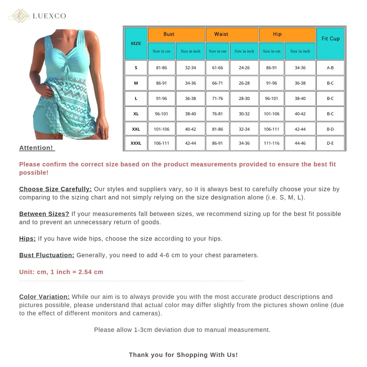Luexco Two Piece Tankini Swimsuit Bathing Suit Bikini