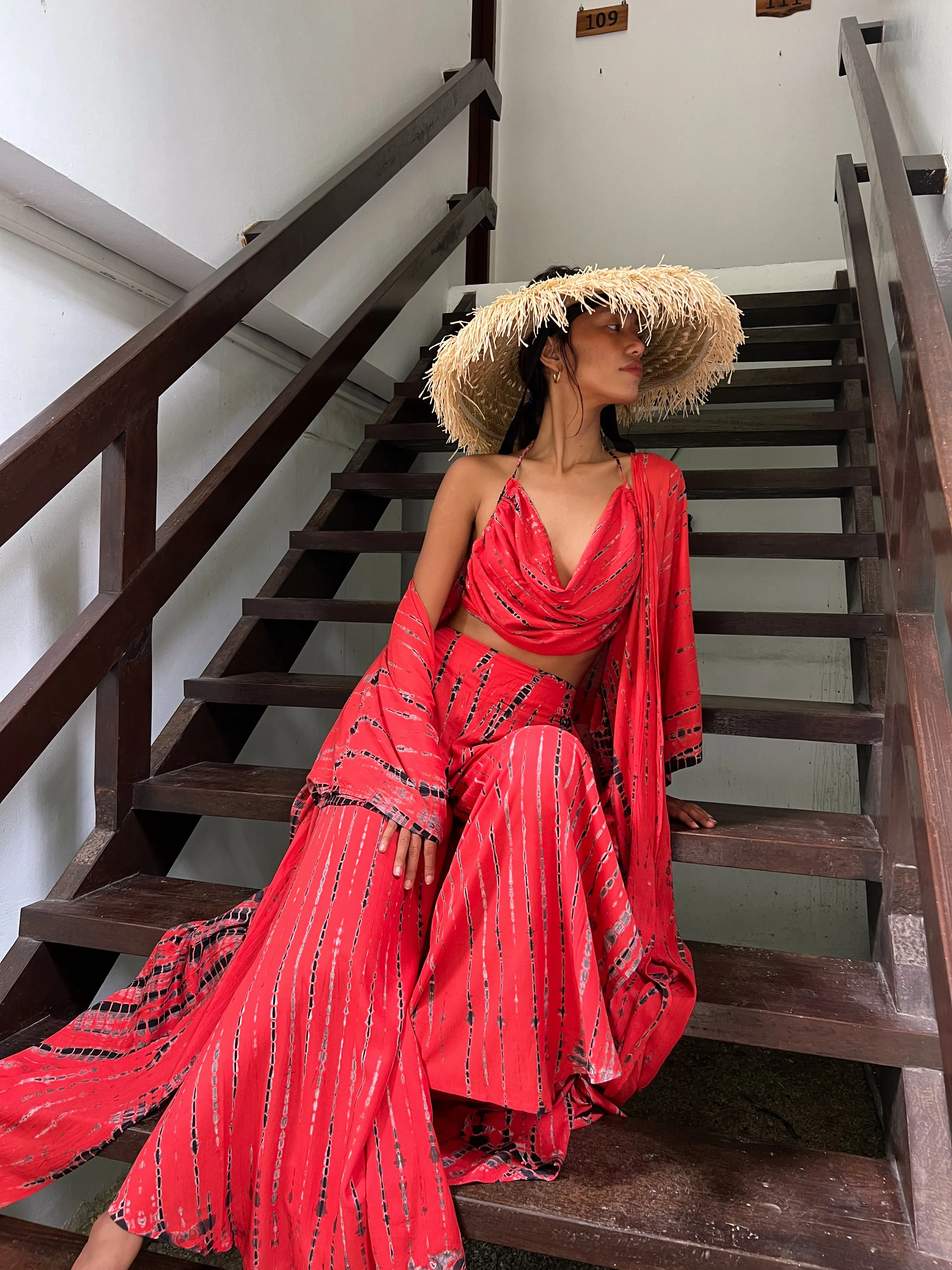 Manee Tie Dye Kimono Robe - Red