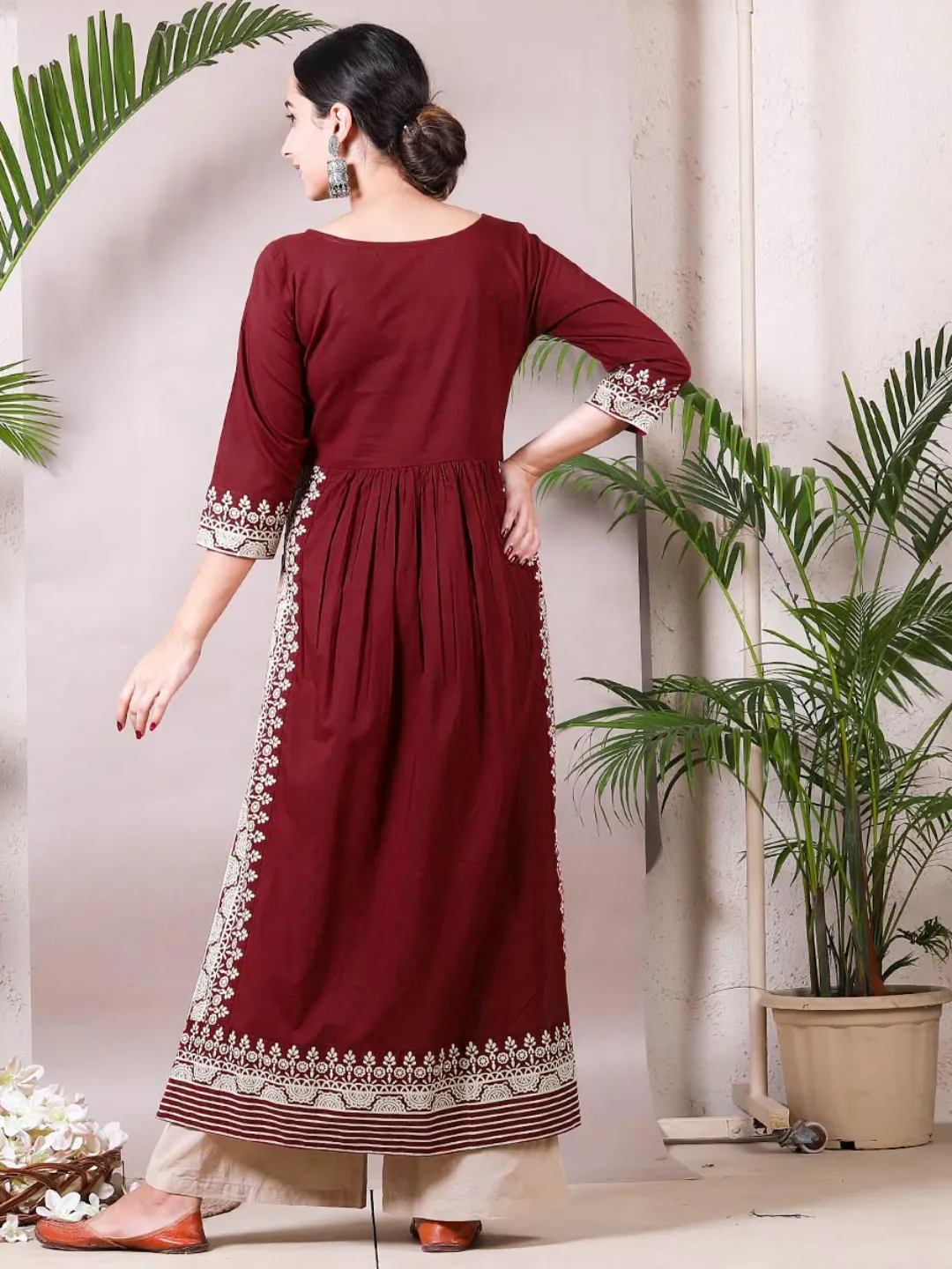 Maroon & Beige Printed Kurta Palazzo Set