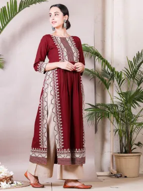 Maroon & Beige Printed Kurta Palazzo Set