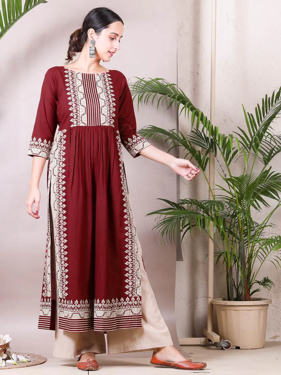 Maroon & Beige Printed Kurta Palazzo Set