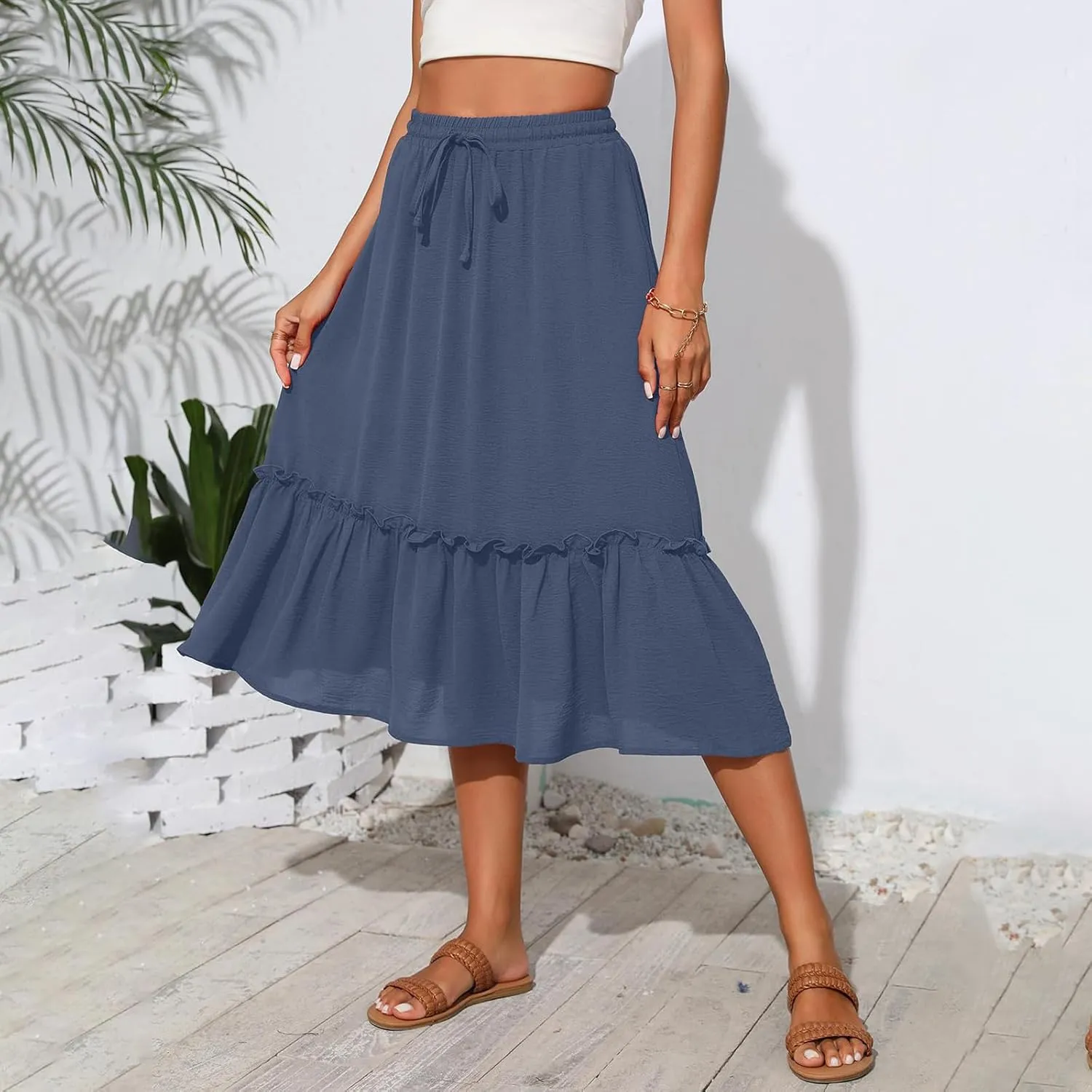 Maxi Skirts for Women Casual Summer High Waisted Drawstring Tiered Skirt Loose Lightweight Flowy Solid A-Line Skirt