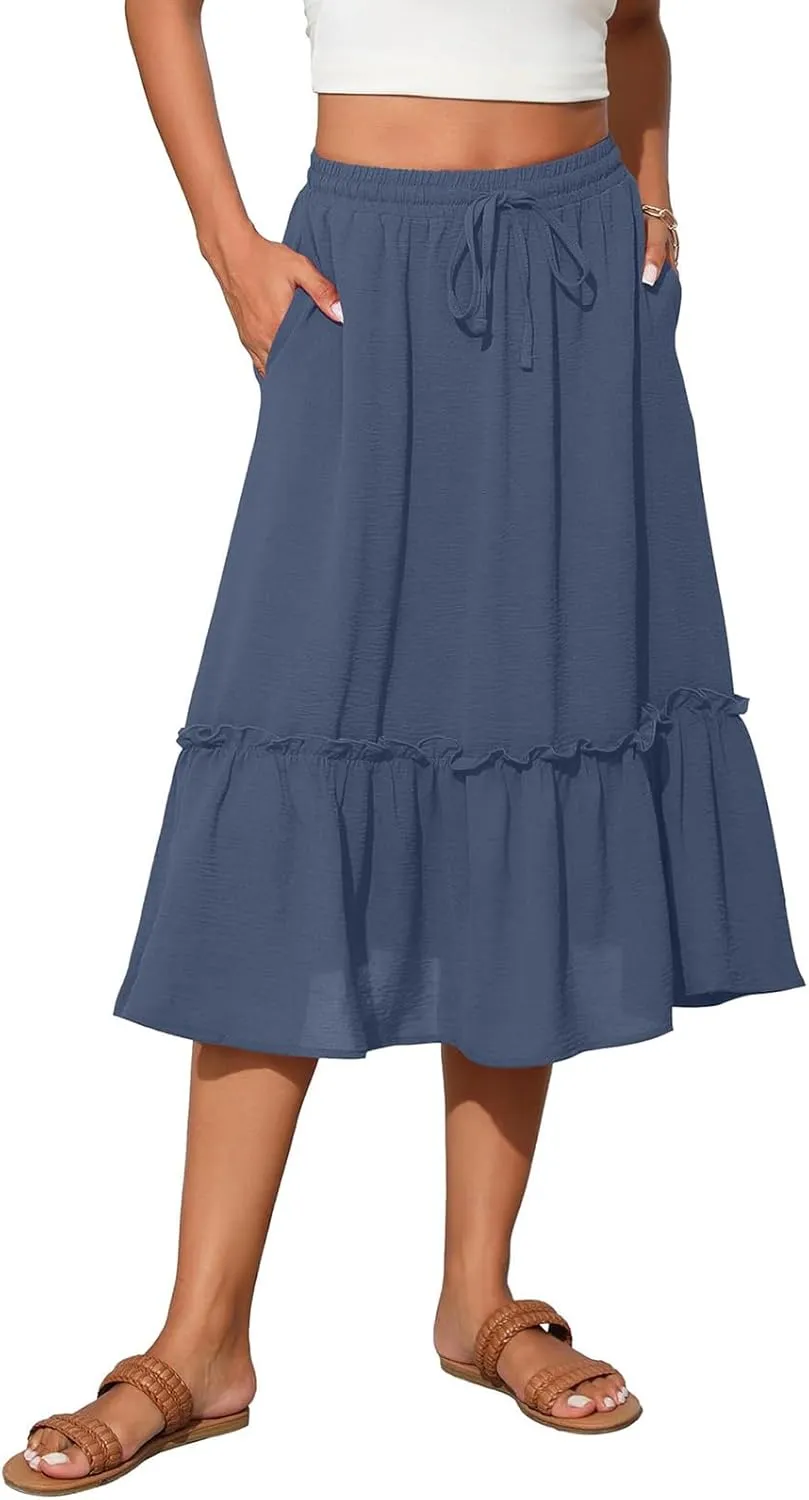 Maxi Skirts for Women Casual Summer High Waisted Drawstring Tiered Skirt Loose Lightweight Flowy Solid A-Line Skirt