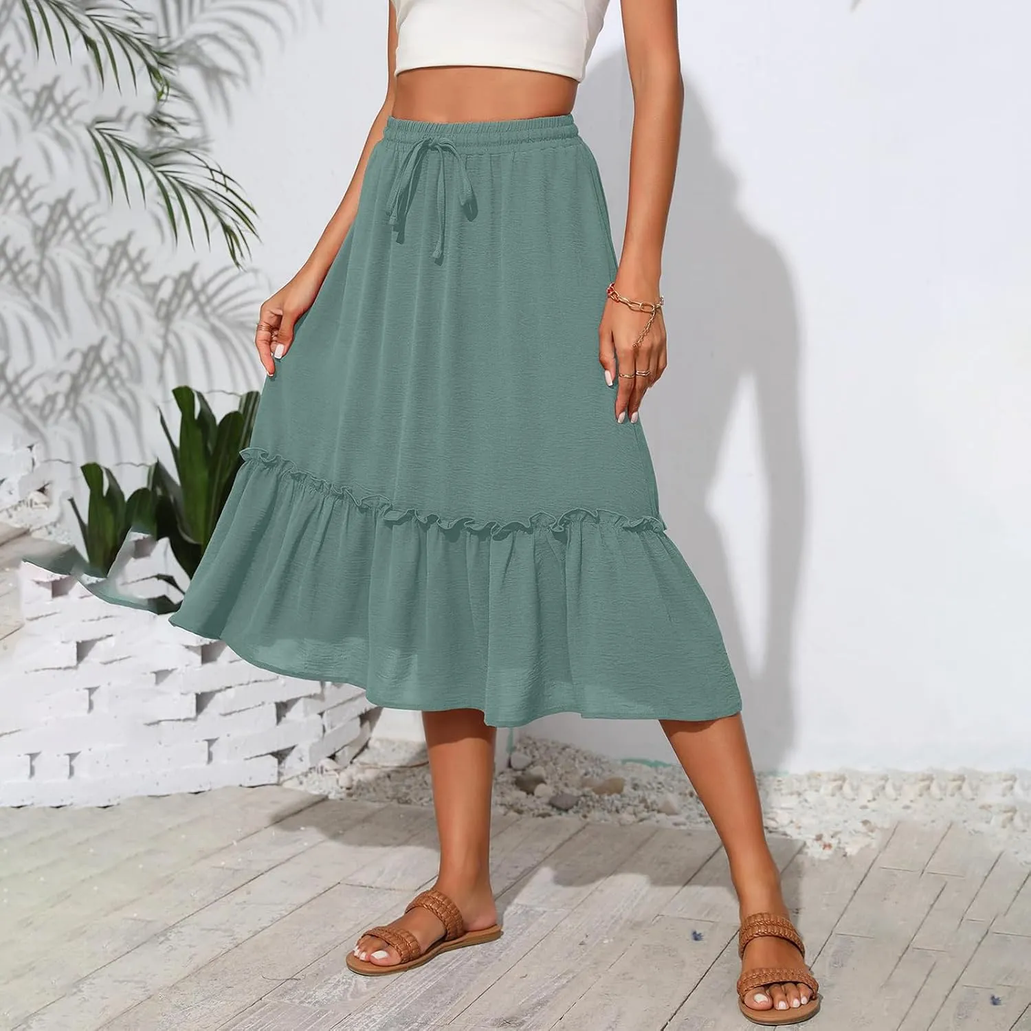 Maxi Skirts for Women Casual Summer High Waisted Drawstring Tiered Skirt Loose Lightweight Flowy Solid A-Line Skirt