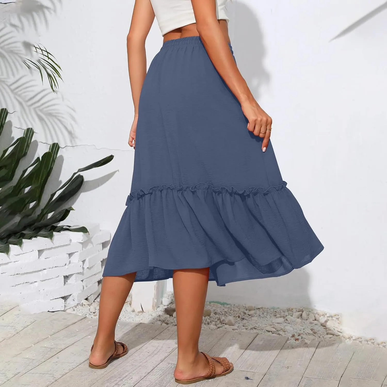 Maxi Skirts for Women Casual Summer High Waisted Drawstring Tiered Skirt Loose Lightweight Flowy Solid A-Line Skirt