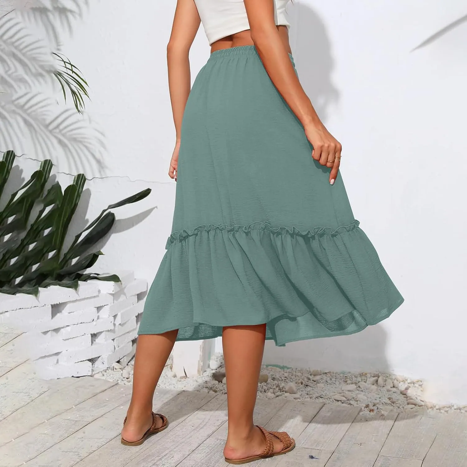 Maxi Skirts for Women Casual Summer High Waisted Drawstring Tiered Skirt Loose Lightweight Flowy Solid A-Line Skirt