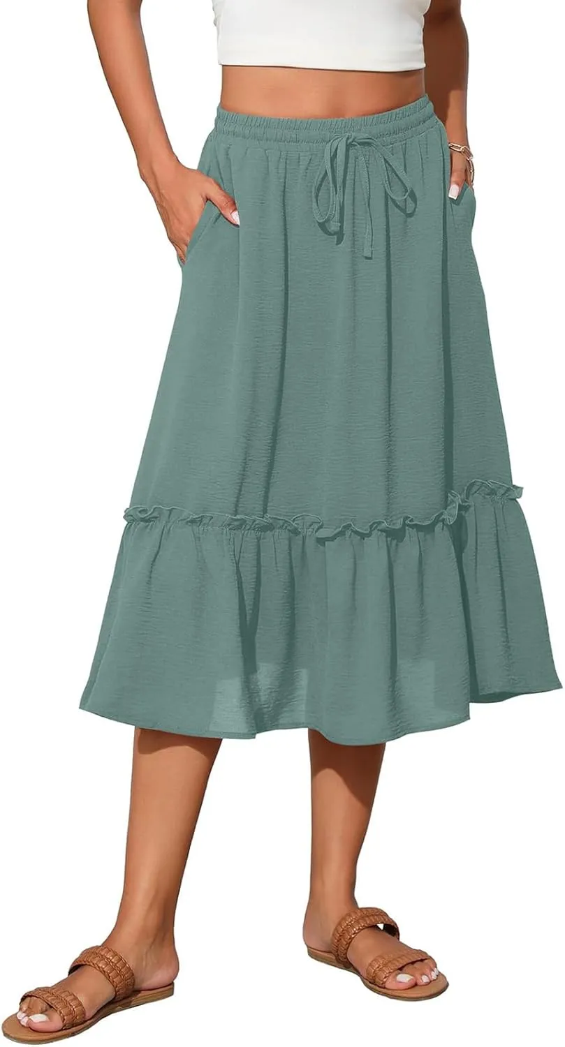 Maxi Skirts for Women Casual Summer High Waisted Drawstring Tiered Skirt Loose Lightweight Flowy Solid A-Line Skirt