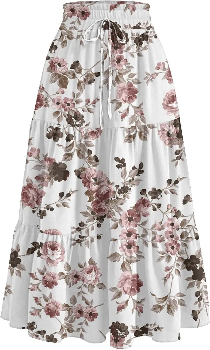 Maxi Skirts for Women Loose Casual Trendy Floral Print Elastic Waist Lightweight Hawaiian Flowy Skirt, S-2XL