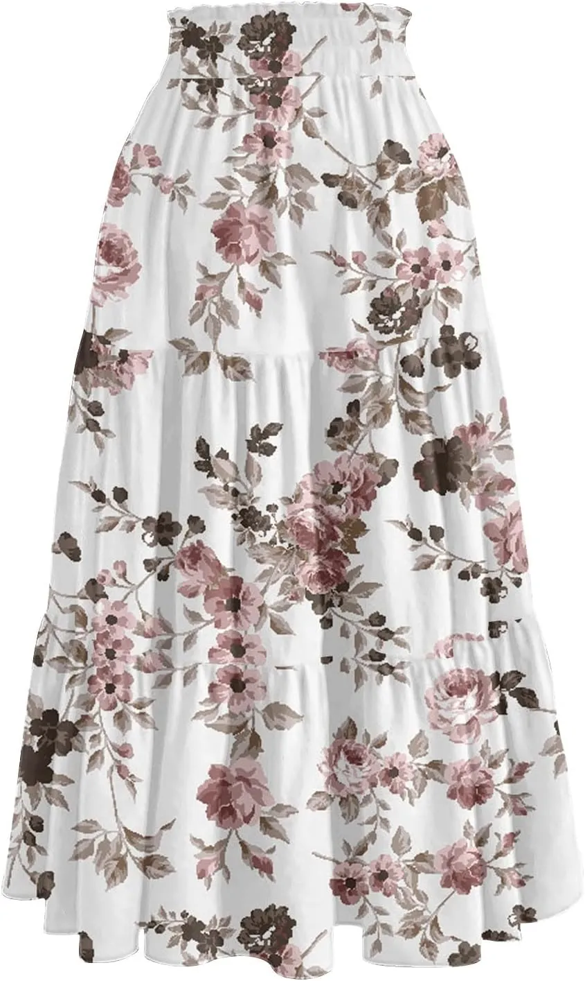 Maxi Skirts for Women Loose Casual Trendy Floral Print Elastic Waist Lightweight Hawaiian Flowy Skirt, S-2XL