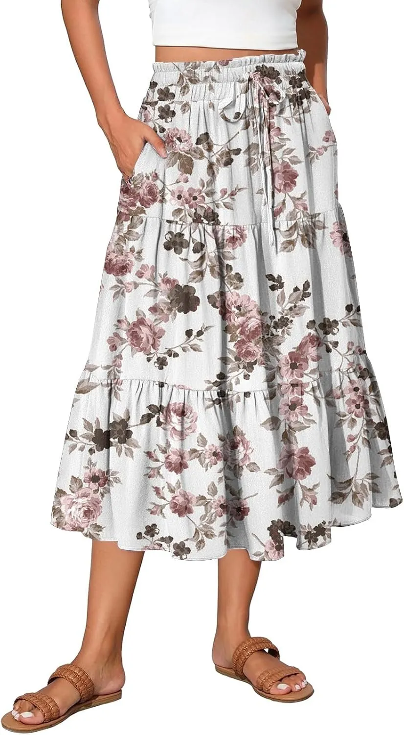 Maxi Skirts for Women Loose Casual Trendy Floral Print Elastic Waist Lightweight Hawaiian Flowy Skirt, S-2XL