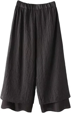 Minibee Women's Wide Leg Pants Loose Layer Capris Palazzo Elastic Waist Trousers