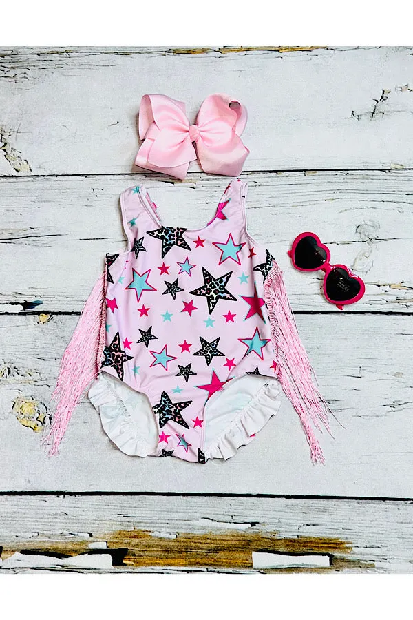 Multicolor stars print pink swimsuit w/pink fringe