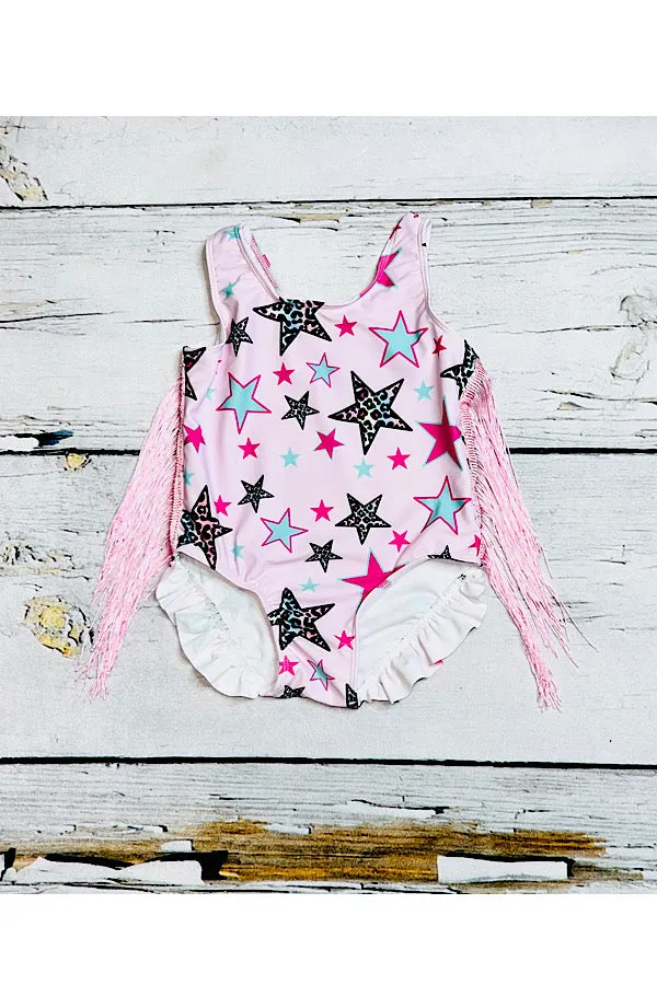 Multicolor stars print pink swimsuit w/pink fringe