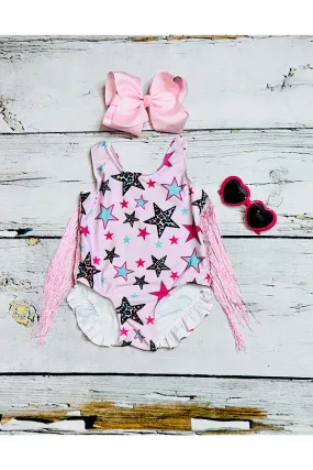 Multicolor stars print pink swimsuit w/pink fringe