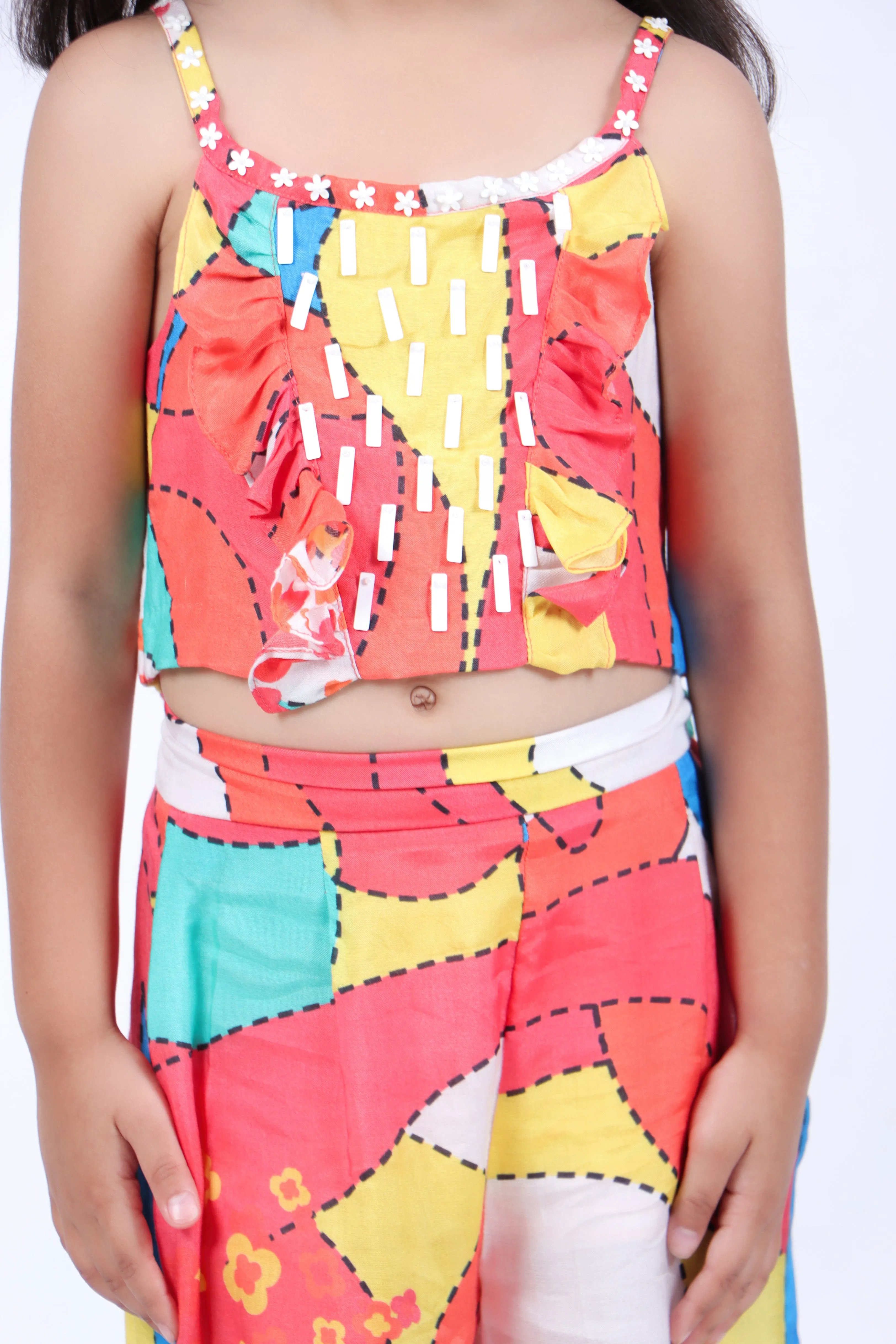 Multicolour Print Crop Top with Palazzo and Multicolour Abstract Print Panel Kurta with White Pyjama