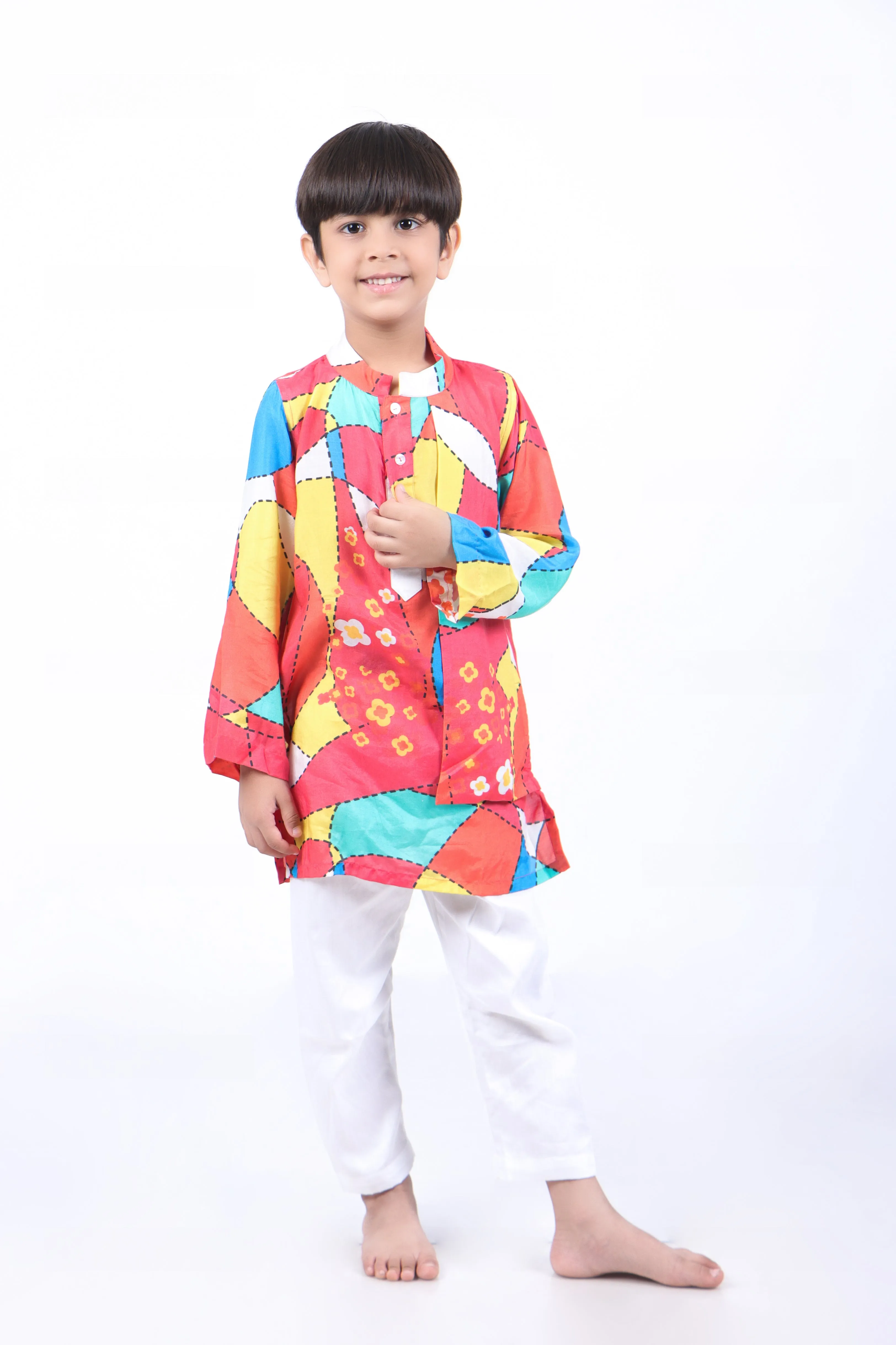 Multicolour Print Crop Top with Palazzo and Multicolour Abstract Print Panel Kurta with White Pyjama