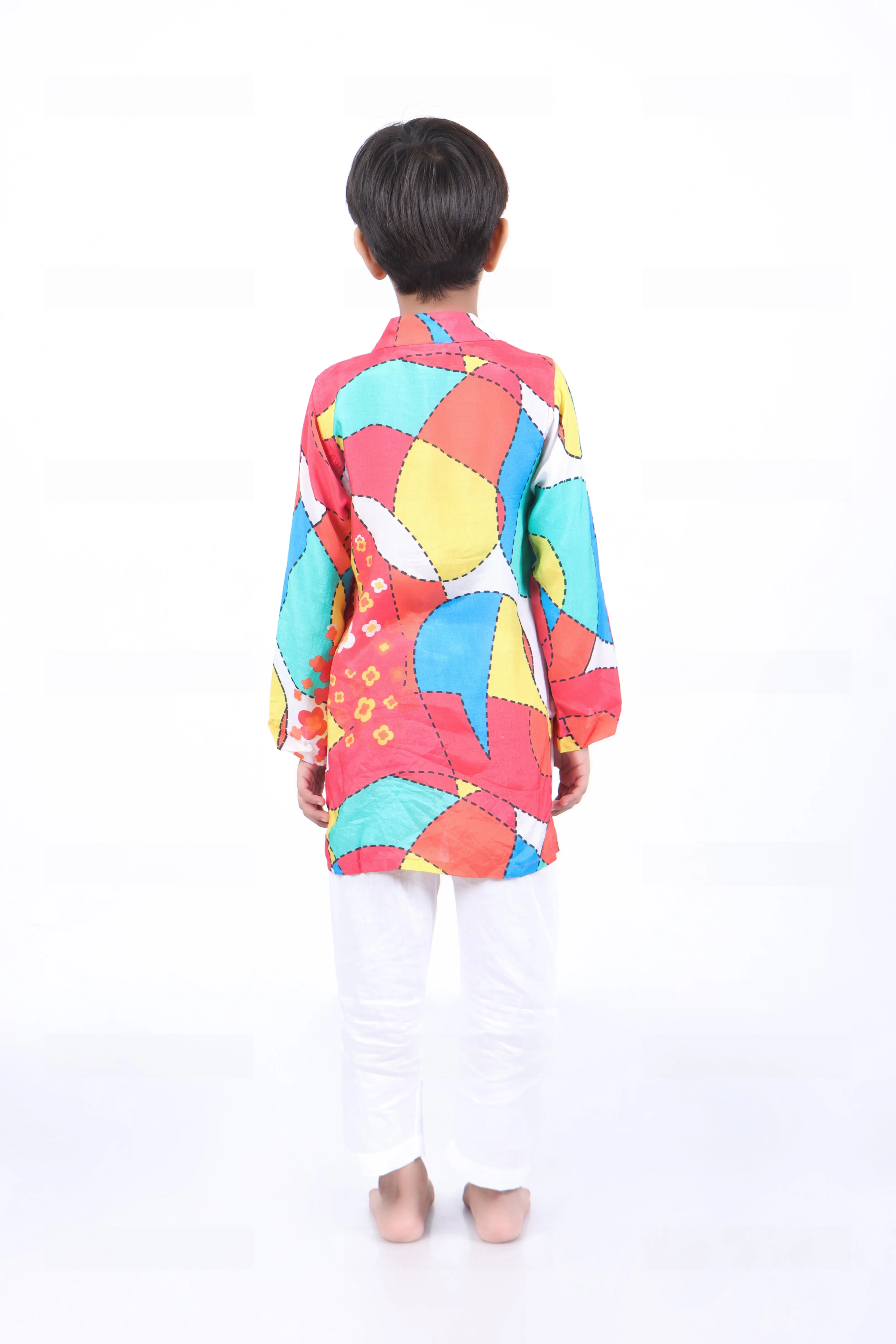Multicolour Print Crop Top with Palazzo and Multicolour Abstract Print Panel Kurta with White Pyjama