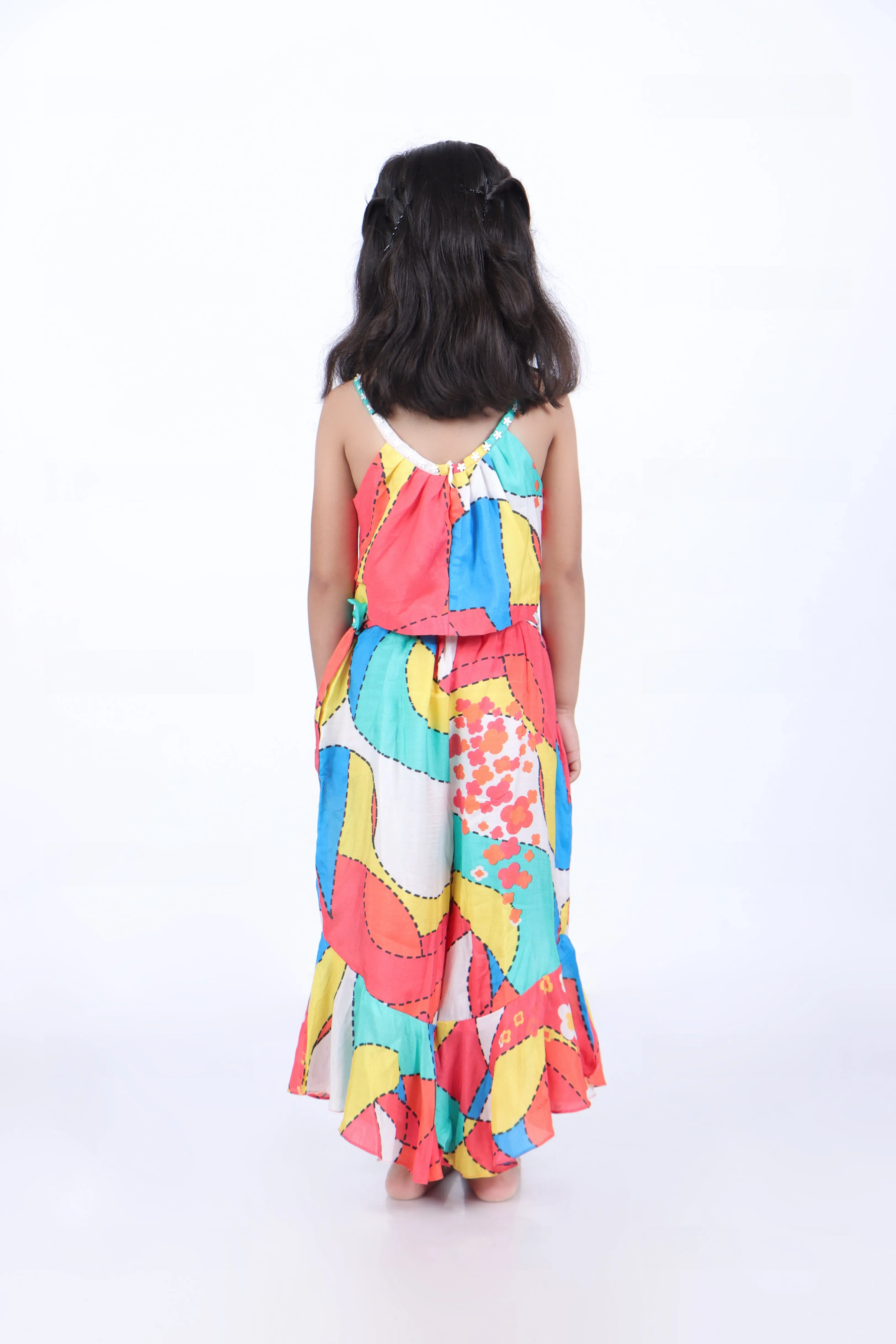 Multicolour Print Crop Top with Palazzo and Multicolour Abstract Print Panel Kurta with White Pyjama