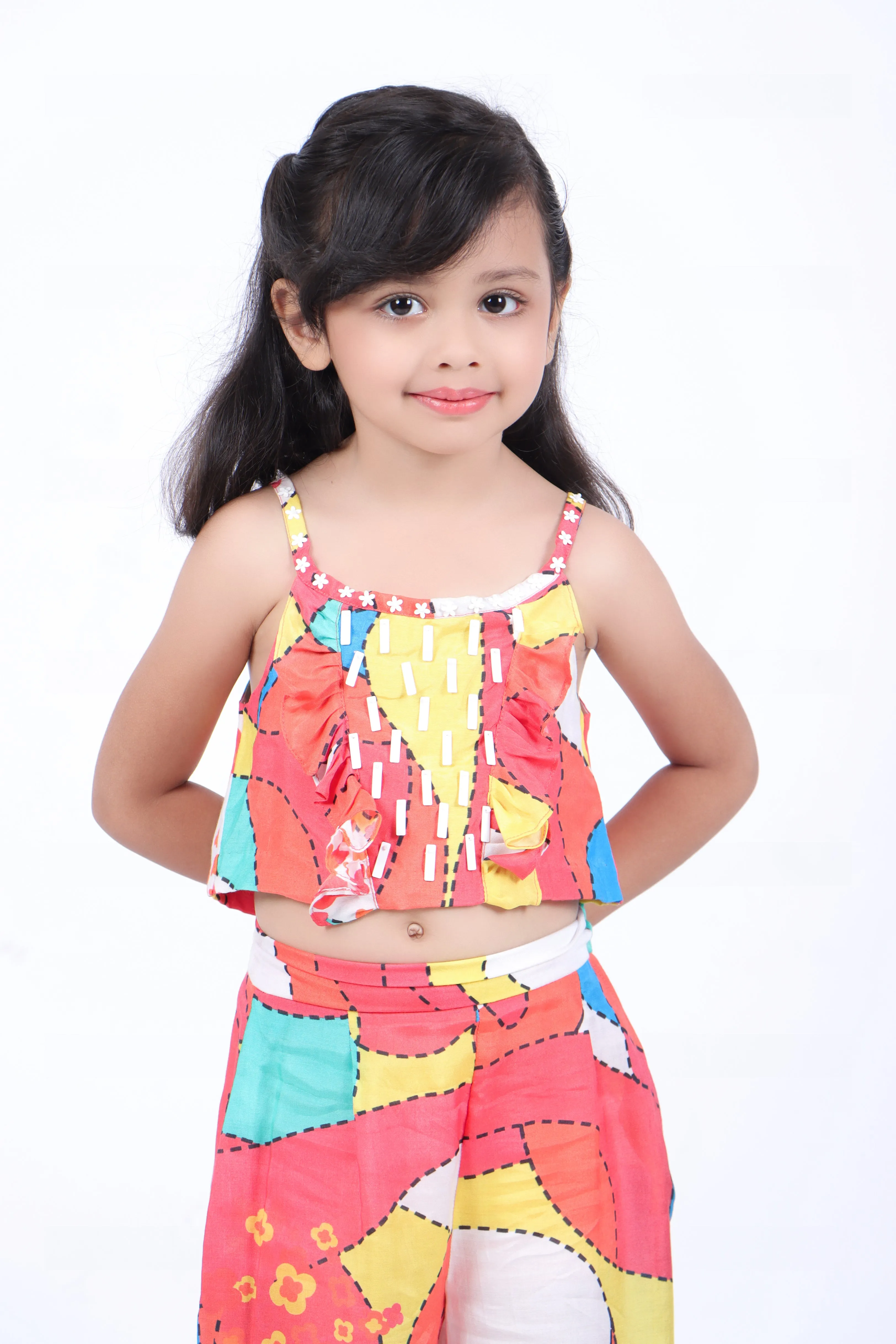 Multicolour Print Crop Top with Palazzo and Multicolour Abstract Print Panel Kurta with White Pyjama