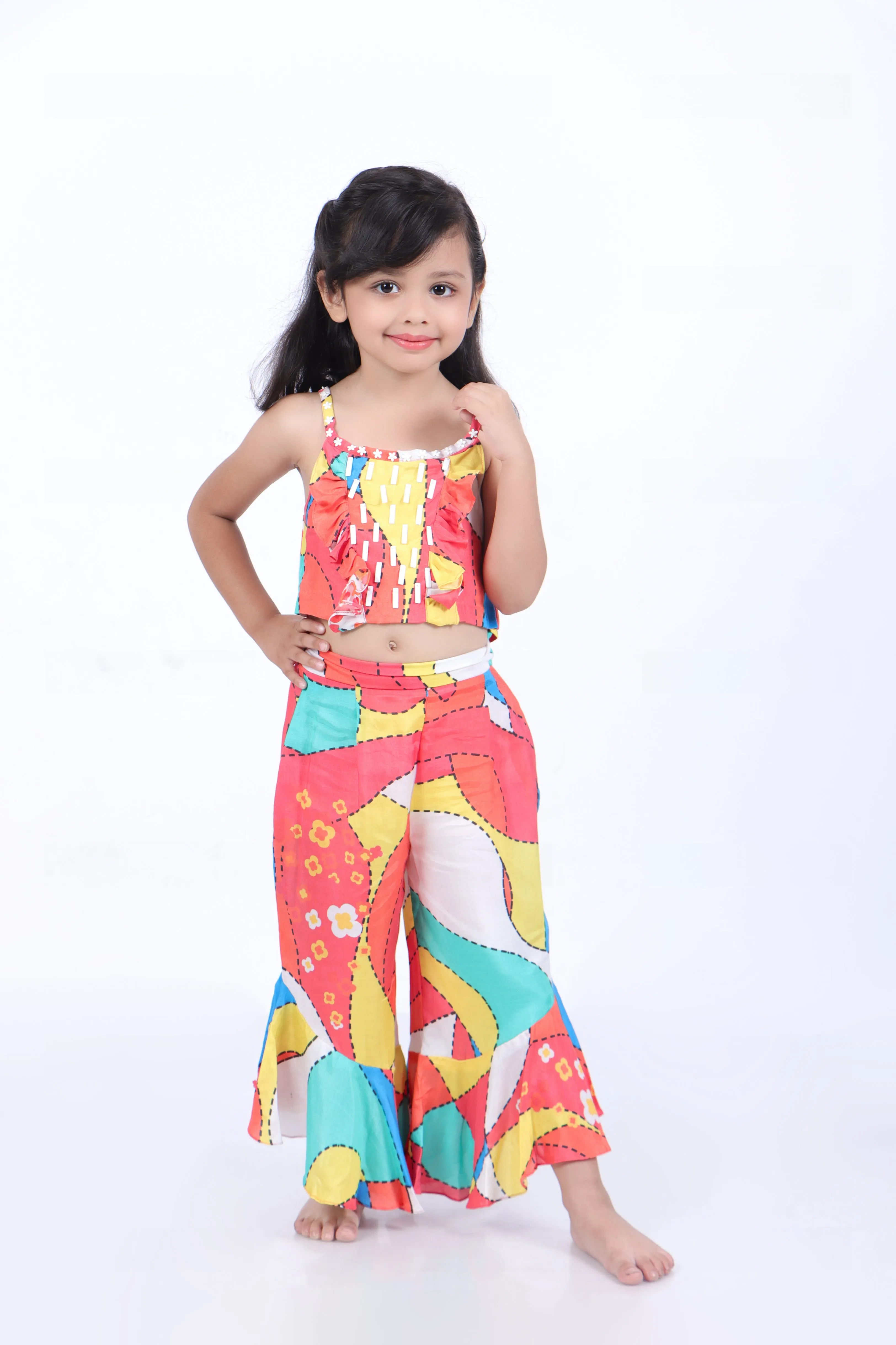 Multicolour Print Crop Top with Palazzo and Multicolour Abstract Print Panel Kurta with White Pyjama