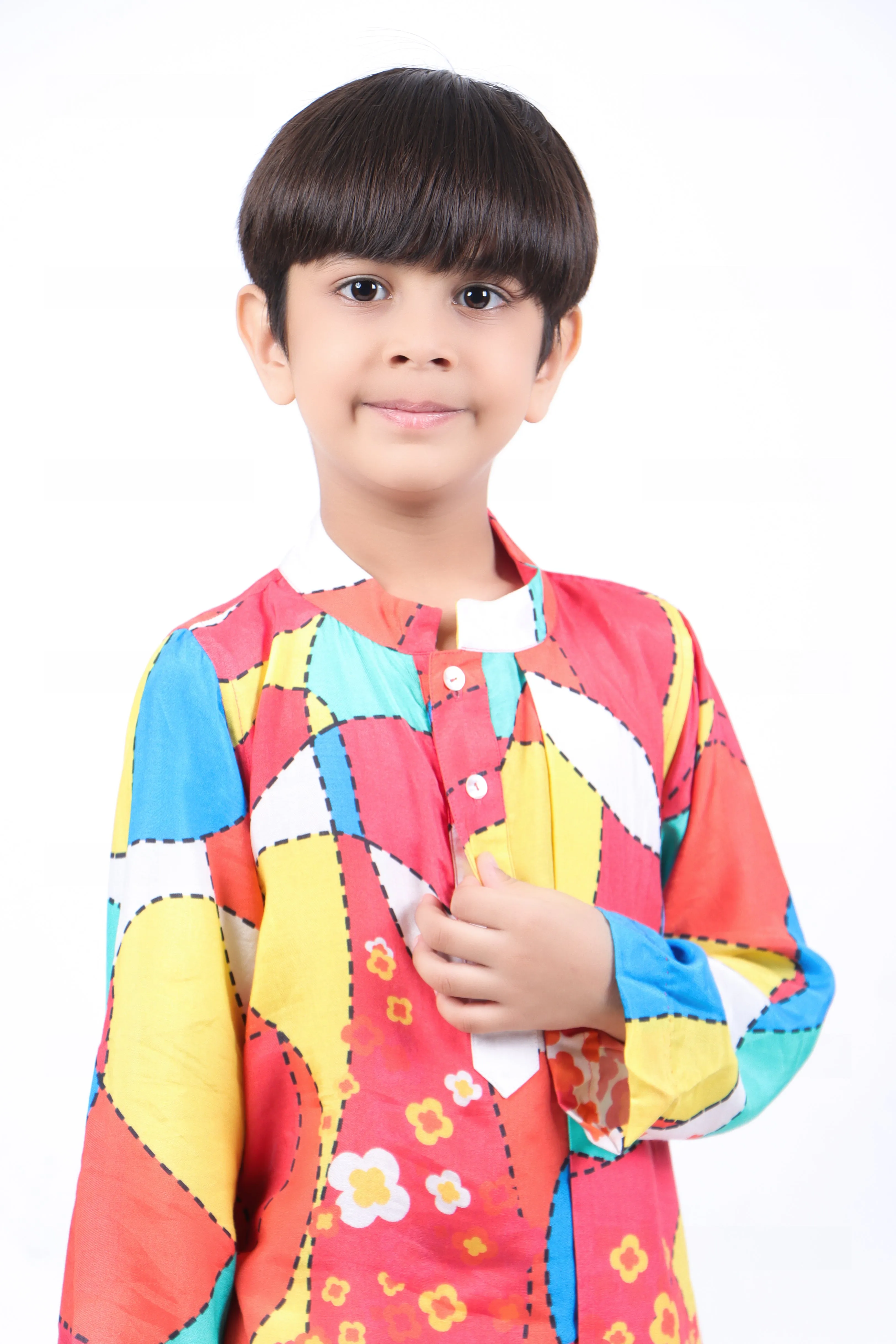 Multicolour Print Crop Top with Palazzo and Multicolour Abstract Print Panel Kurta with White Pyjama