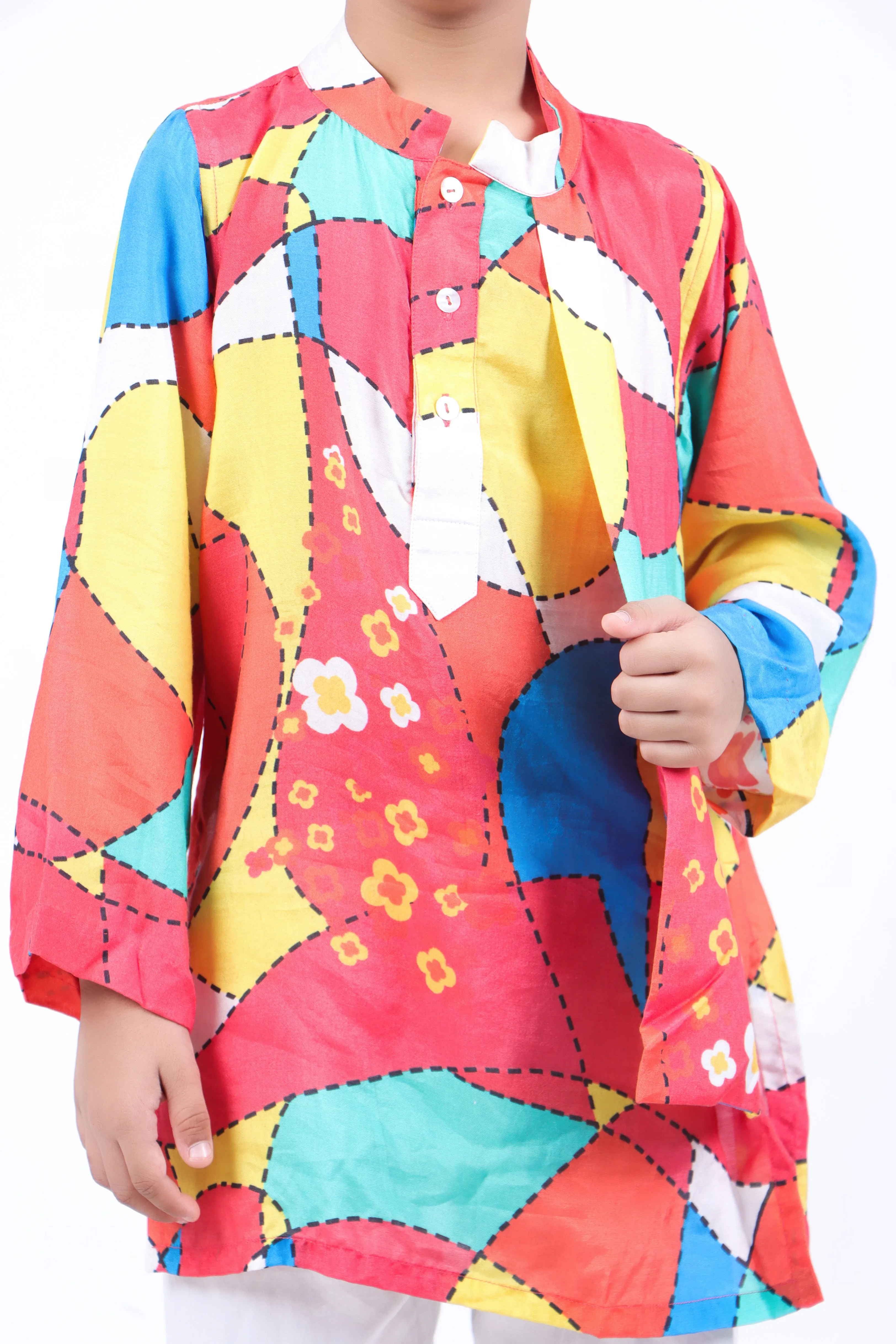 Multicolour Print Crop Top with Palazzo and Multicolour Abstract Print Panel Kurta with White Pyjama