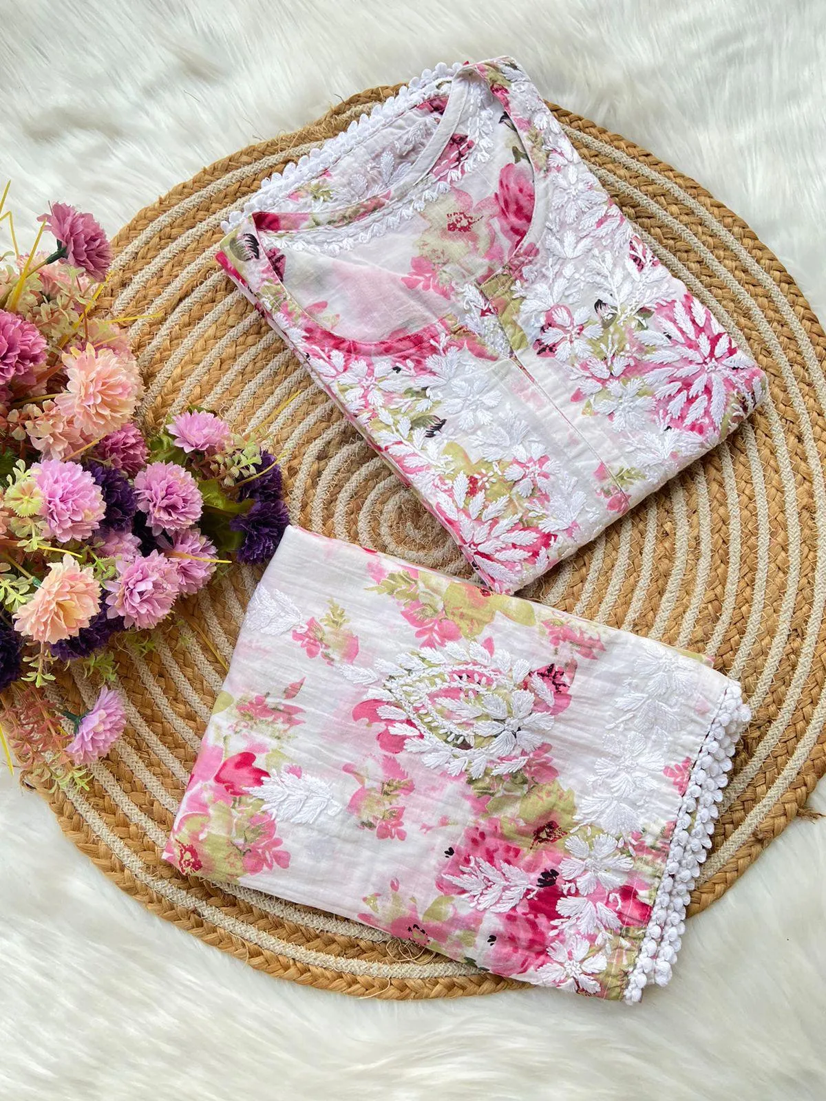 Pink White Lucknowi Chikankari Mul Mul Cotton Kurti and Palazzo Co-ord Set