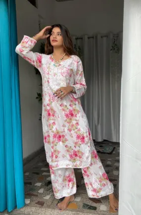 Pink White Lucknowi Chikankari Mul Mul Cotton Kurti and Palazzo Co-ord Set