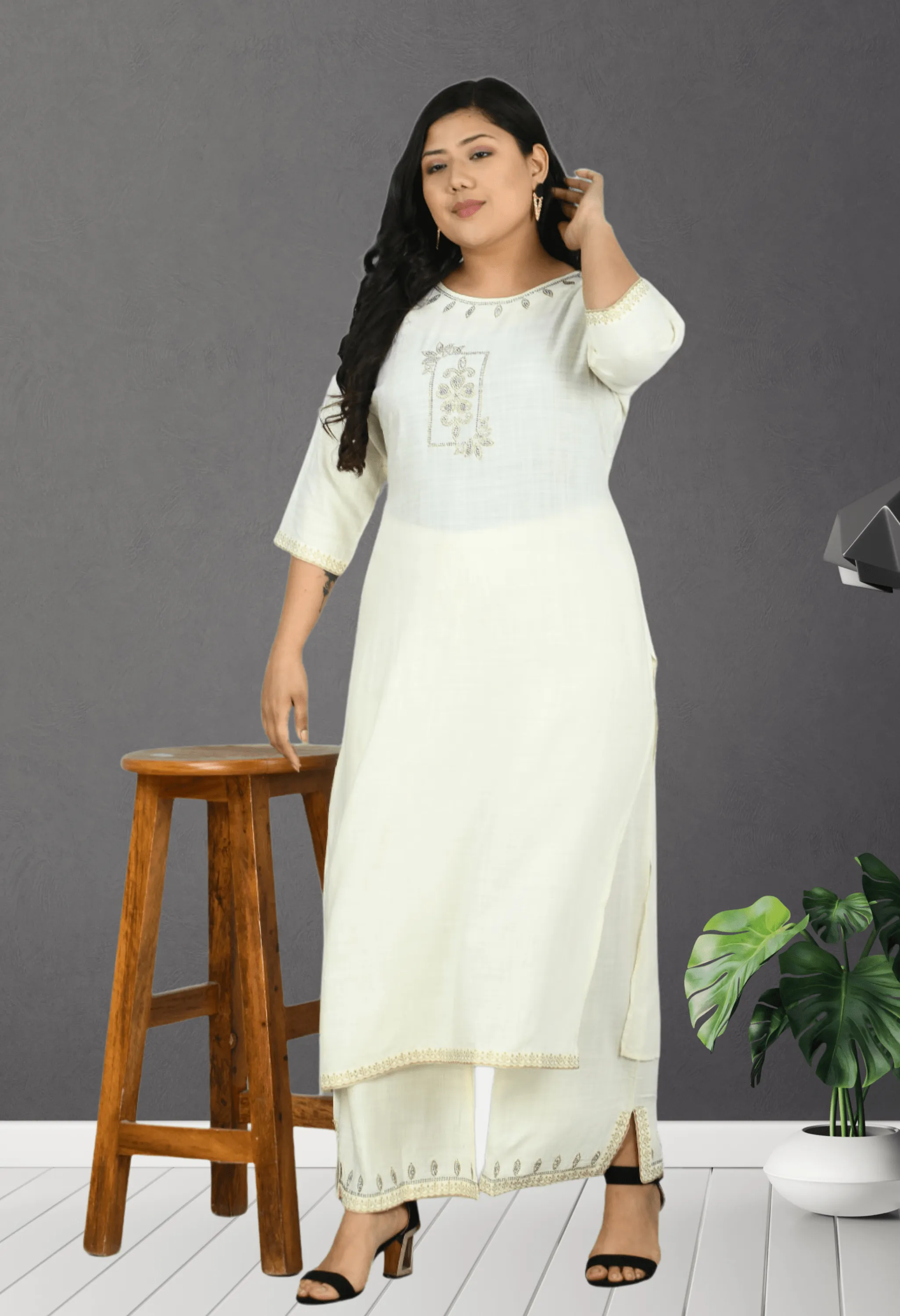 Plus Size Lavish White Kurta Palazzo Set