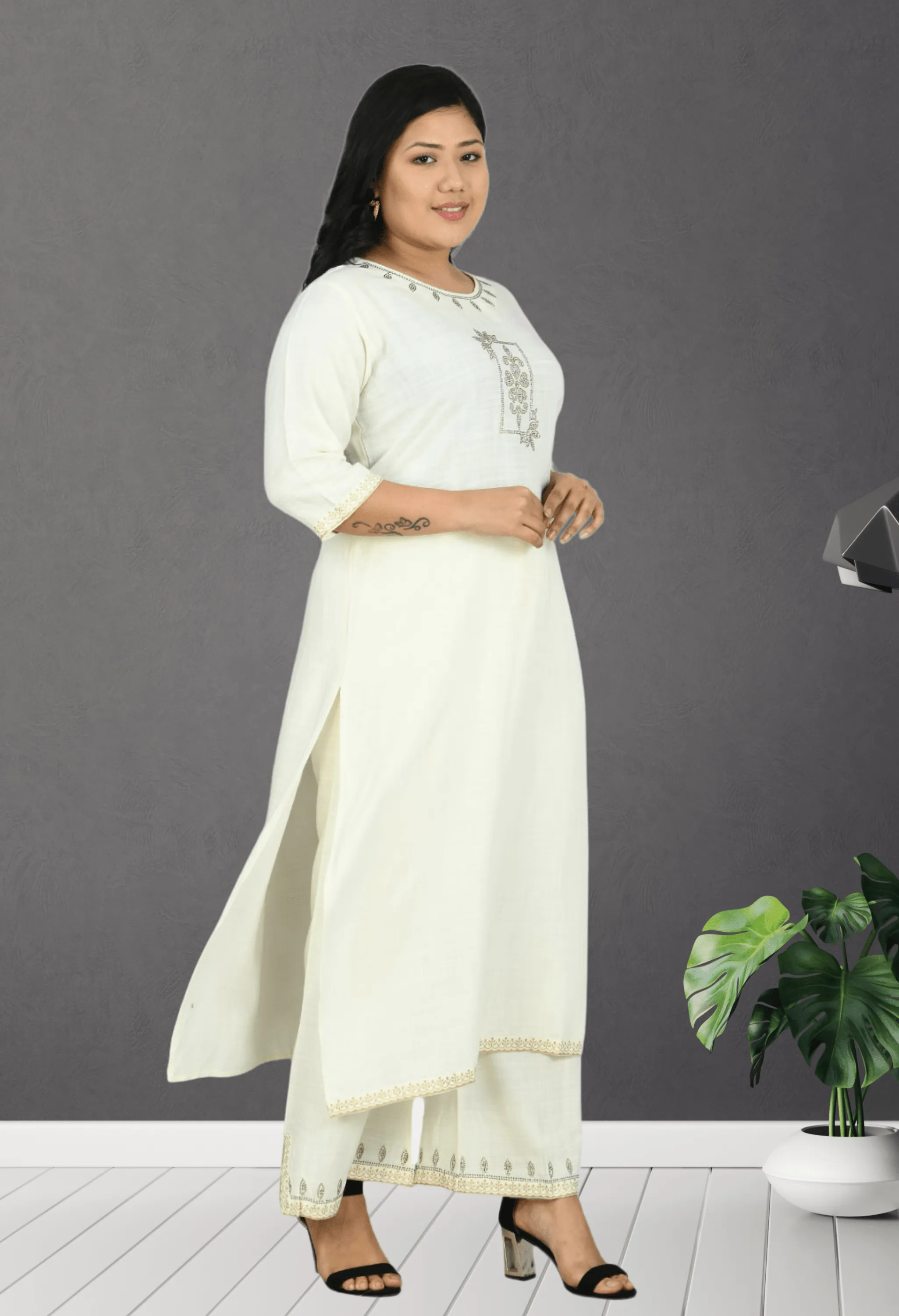 Plus Size Lavish White Kurta Palazzo Set