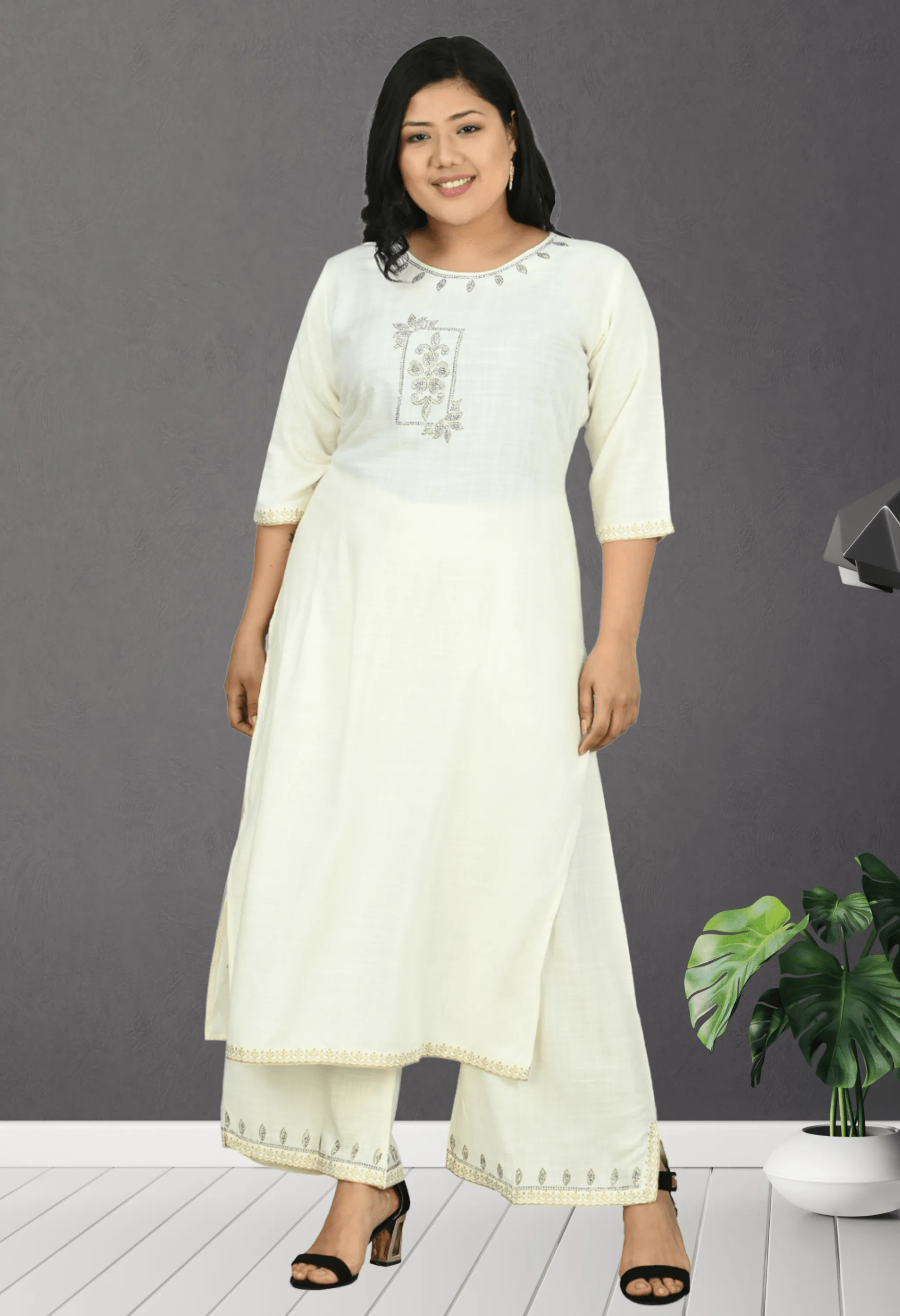 Plus Size Lavish White Kurta Palazzo Set