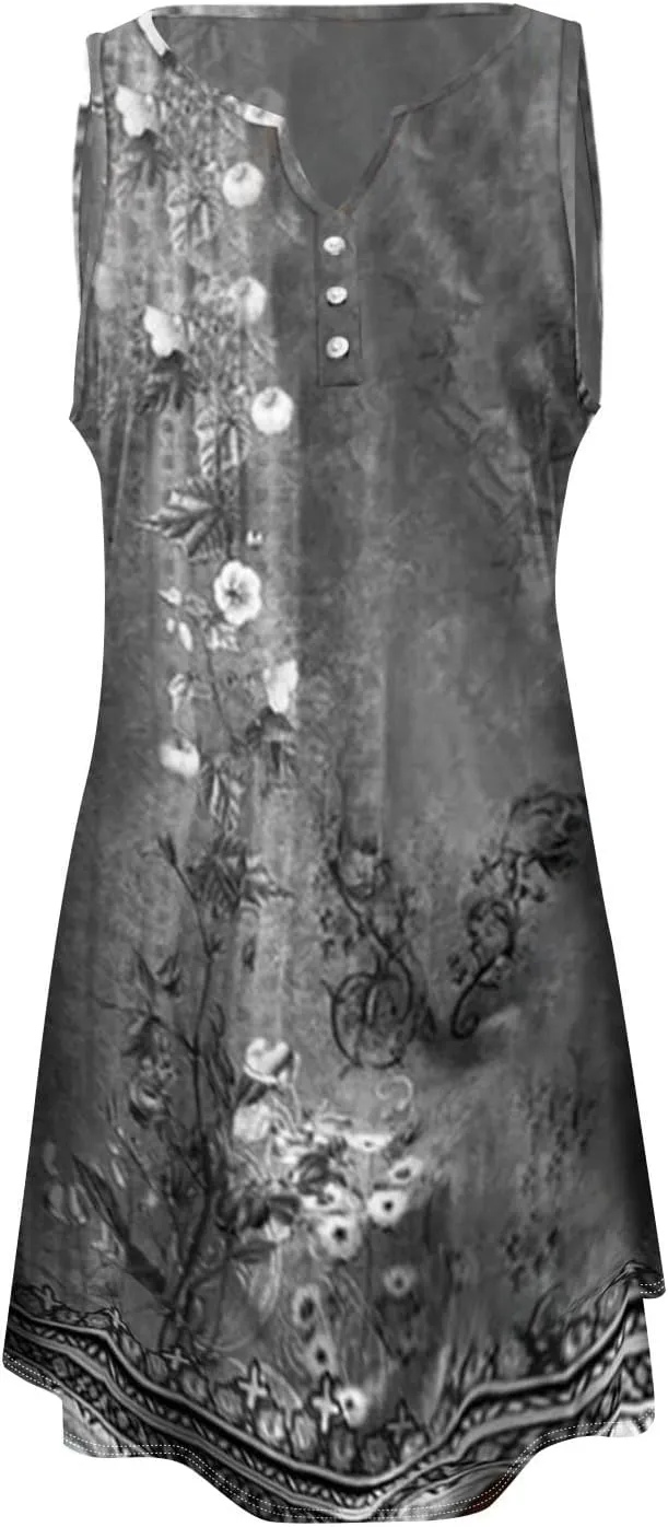 Plus Size Summer Dresses for Women Casual Floral Print Sundress Loose V Neck A Line Vacation Sun Dress Beach Dress